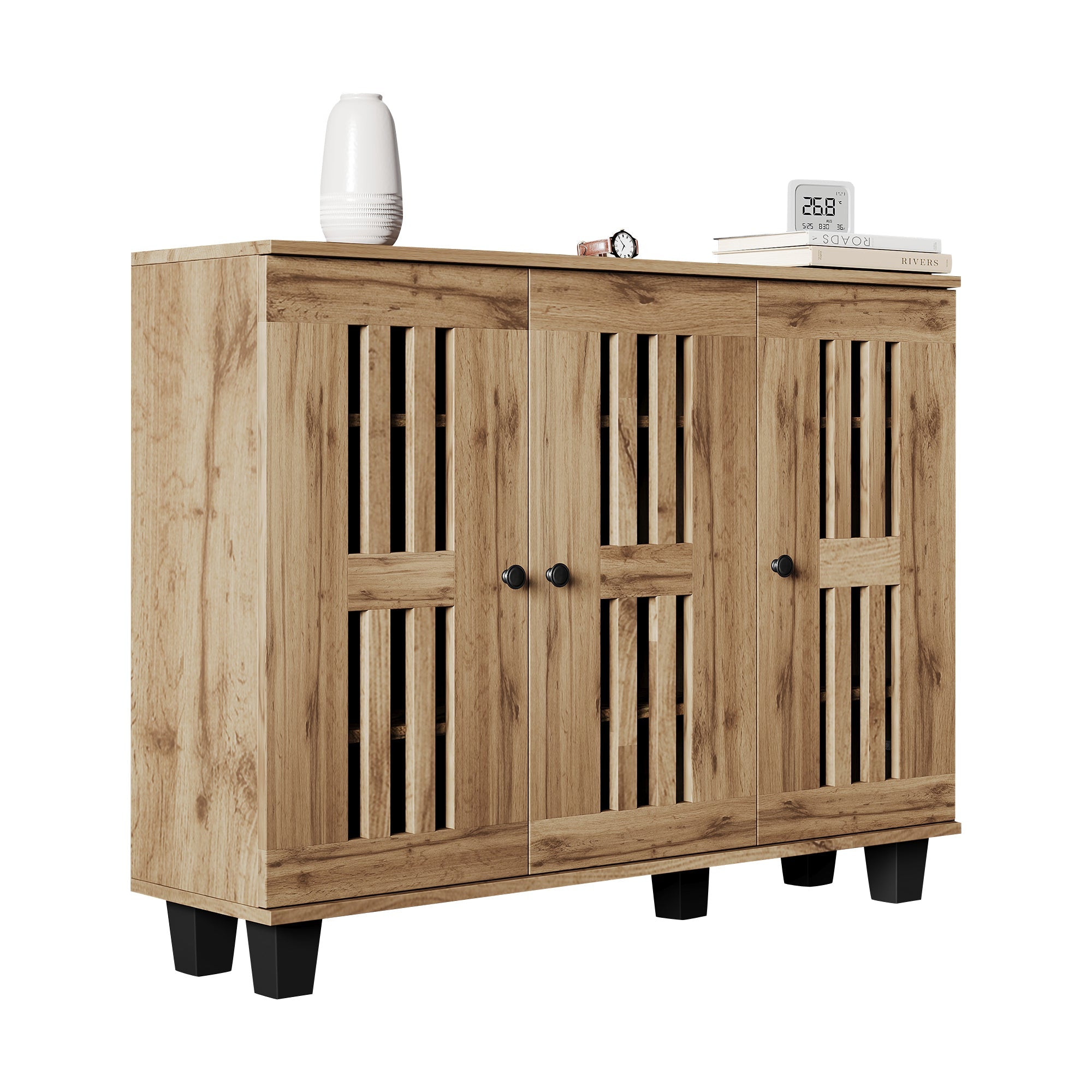 Side Cabinet, 120x32x92cm 3-Door with 8 Storage Compartments for Living Room, Bedroom, Office, Entryway