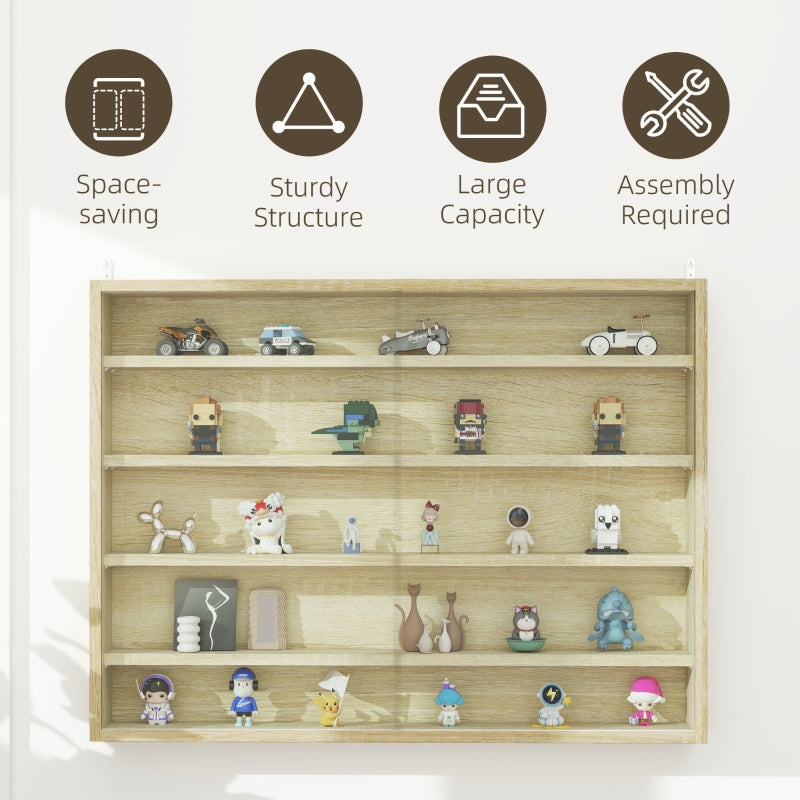 5-Tier Wall Display Cabinet with 4 Adjustable Shelves and Glass Doors, Oak