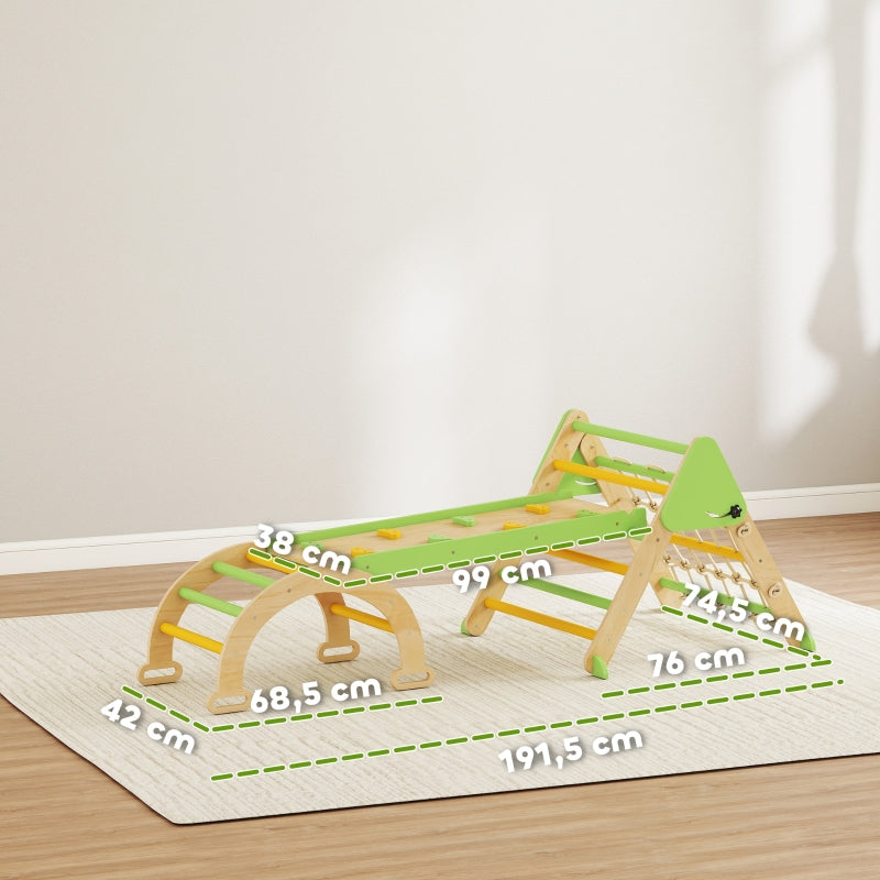 8-in-1 Montessori Climbing Frame Triangle Arch Slide - Wooden Green