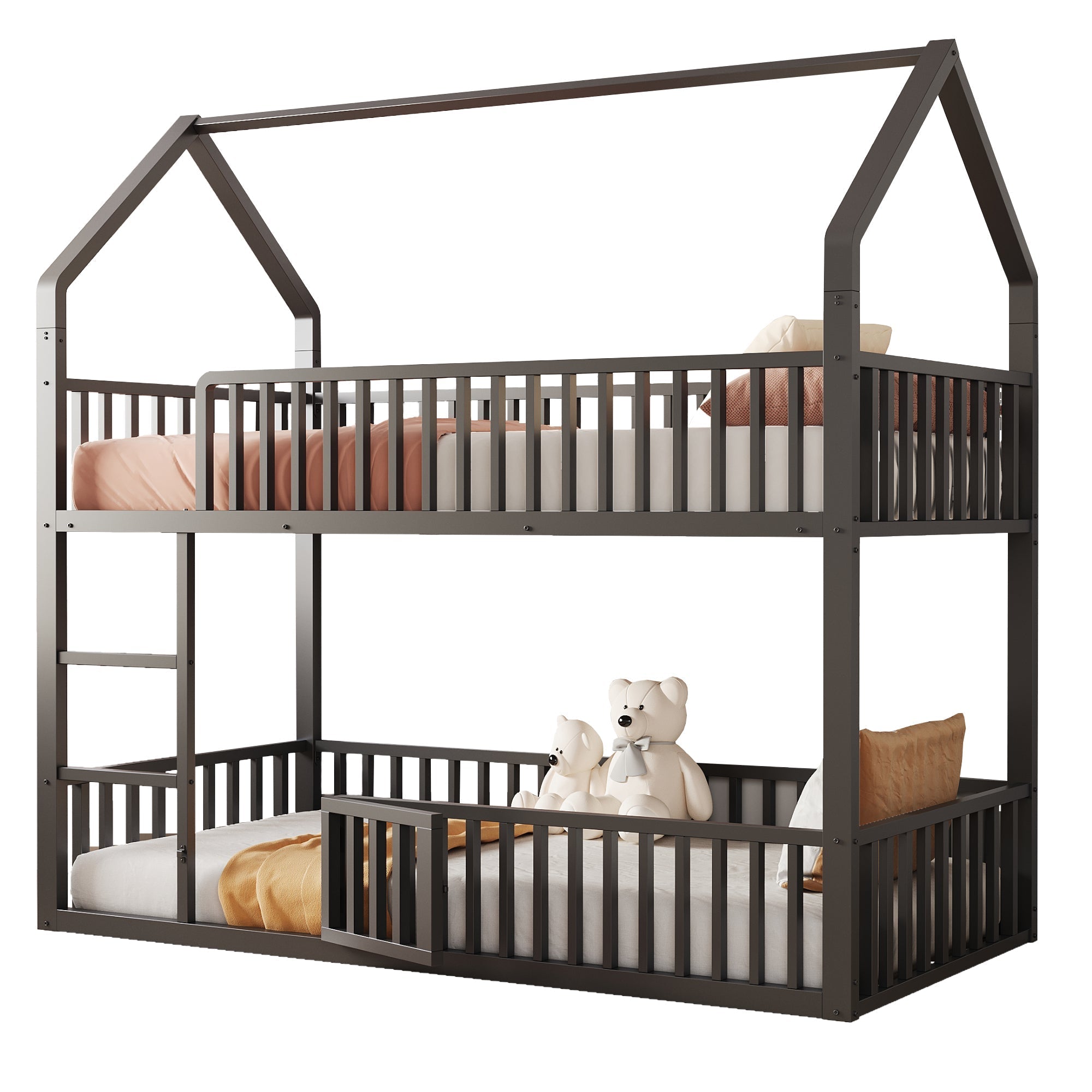 Children's Bunk Bed 90*200, Loft Design with Stairs & Small Door, Metal Black