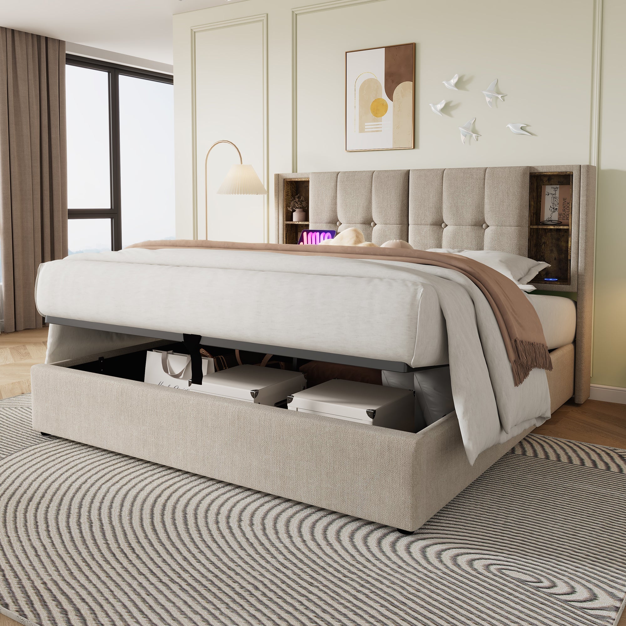Double Bed, Wireless Charging USB-C, Storage, Wooden Slatted Frame, Natural Linen
