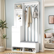 Hallway coat rack with padded storage bench and pegboard, with 4 hooks, white