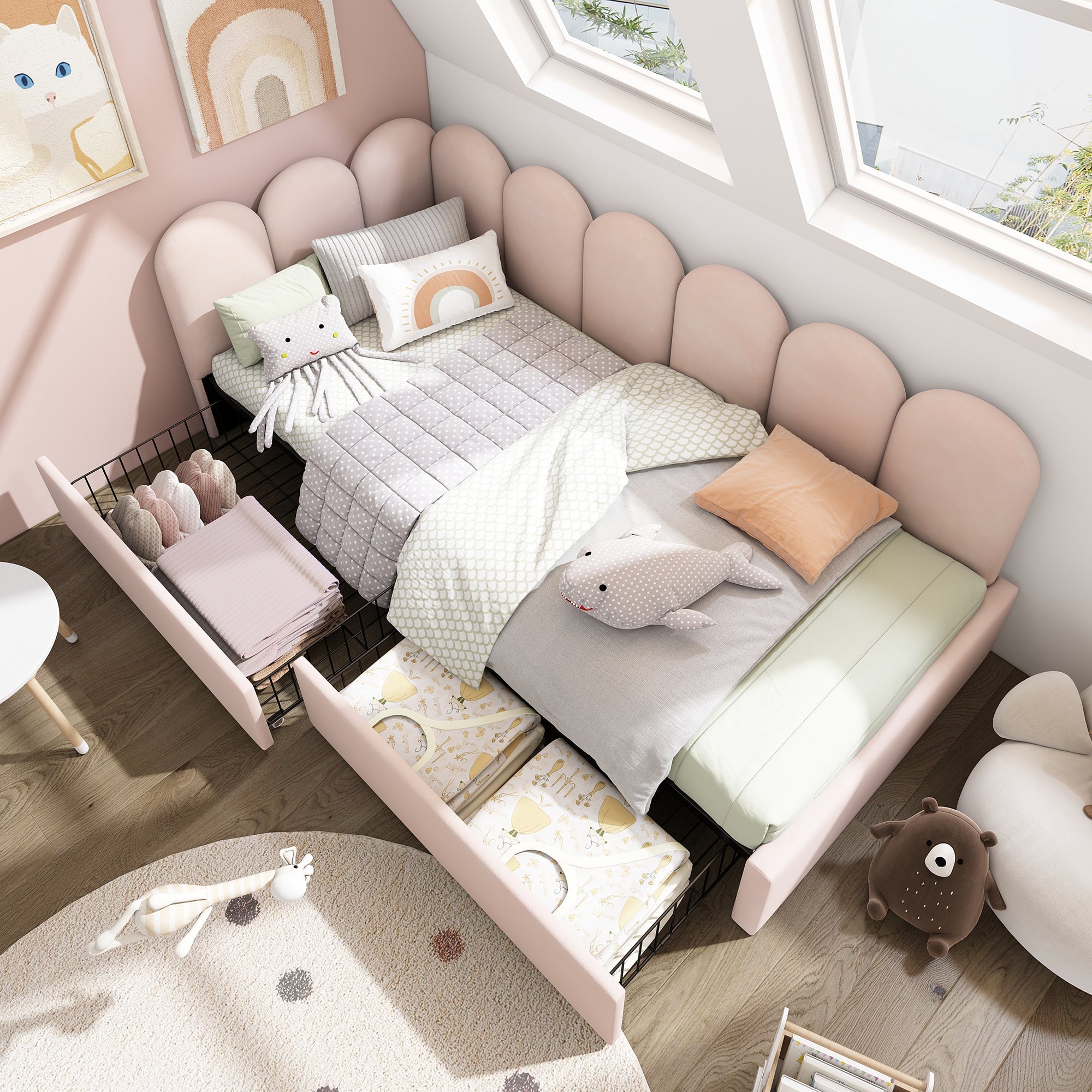 Upholstered Bed, Single with Drawers, Daybed, 90x190cm, Pink Velvet