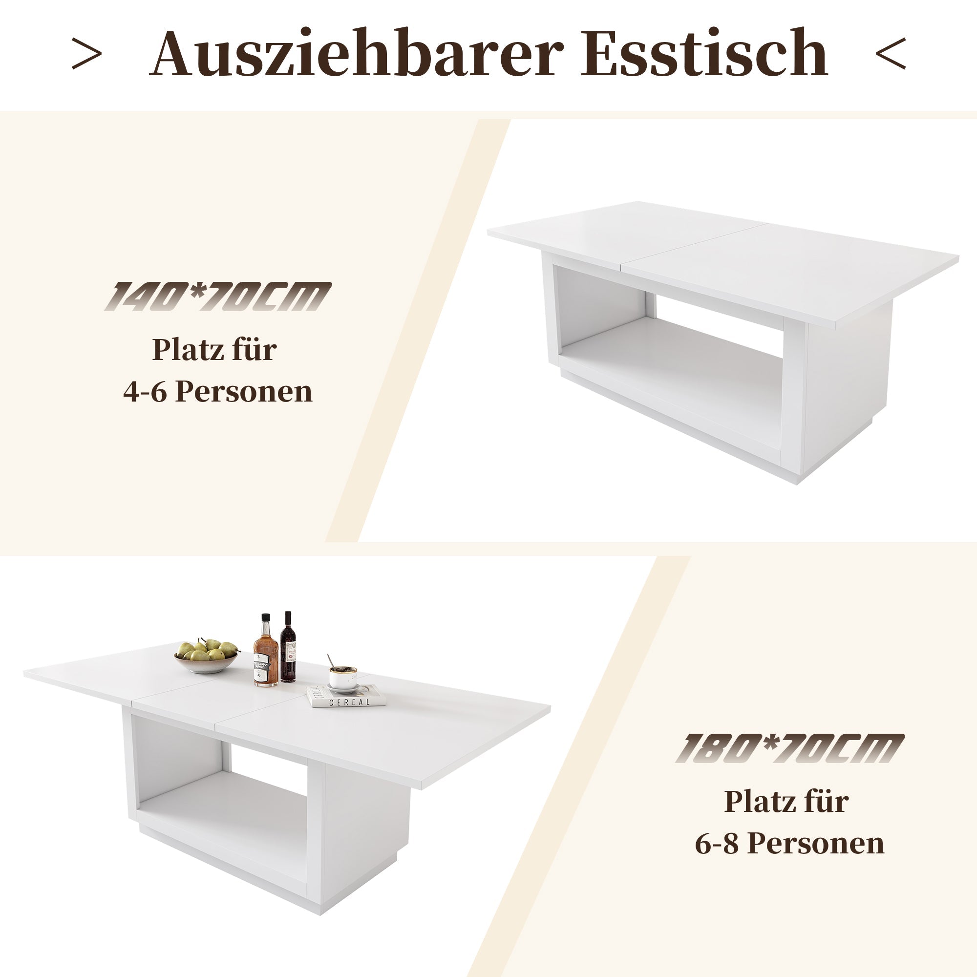 Extendable Dining Table, Modern Simple Square Design 140/180 cm, White
