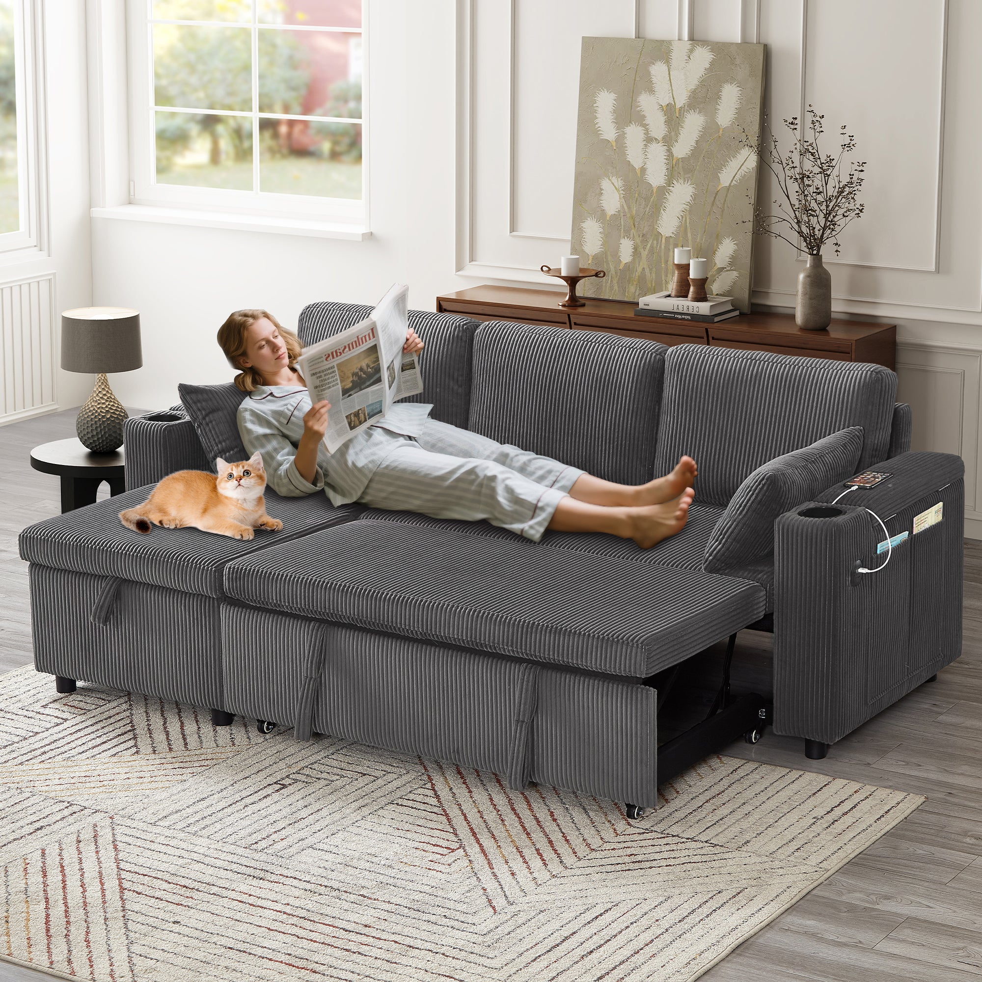 3 in 1 Convertible Corduroy Sofa Bed with Storage Chaise, L Shaped Sleeper Sofa Couches with Armrest Storage and Charging Station, Pullout Sectional Daybed for Living Room/Bedroom/Office, Grey