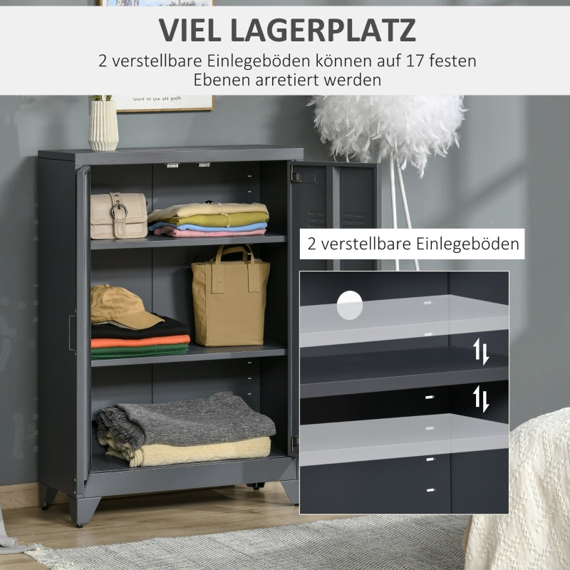 Filing Cabinet with Louvre Doors, Metal with 2 Adjustable Shelves, Grey