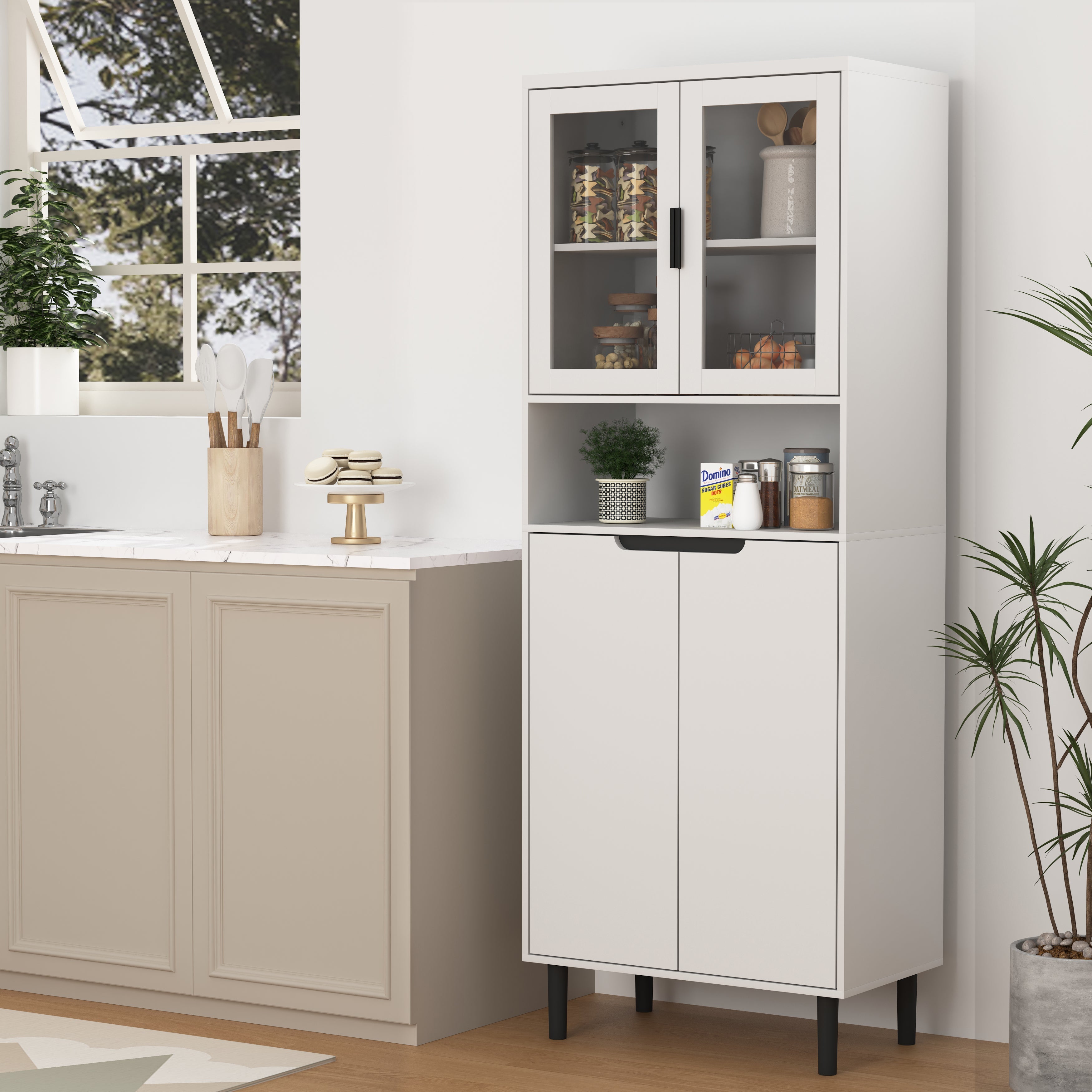 Tall Bookcase 4-Door Tempered Glass Adjustable Shelf - White