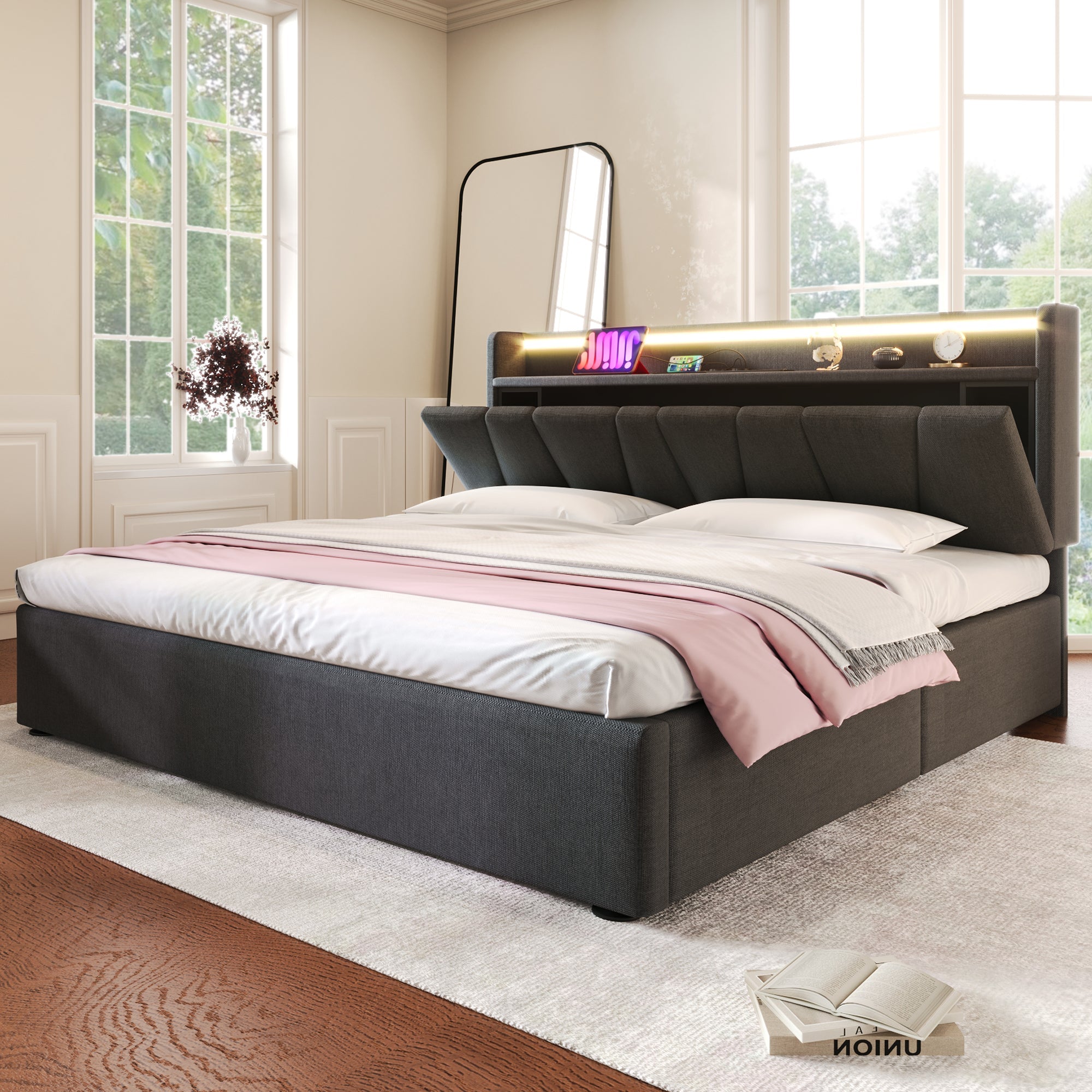 Upholstered Double Bed, USB Charging, Storage Headboard, LED Lighting, 5ft King Size, Grey