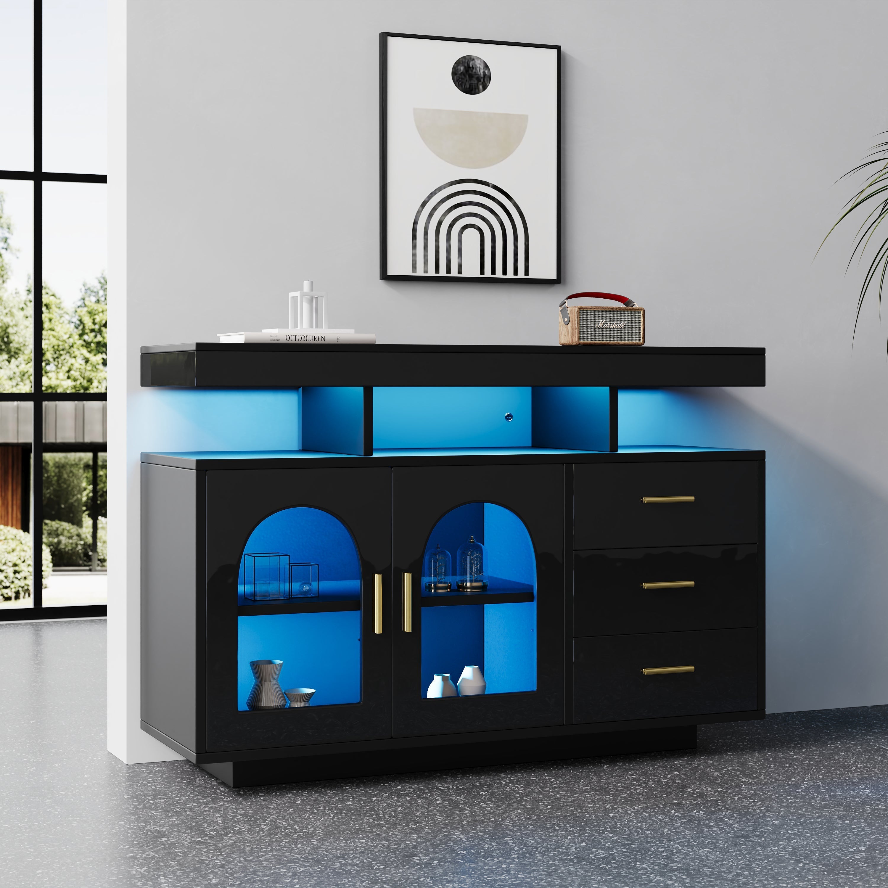 LED Sideboard Buffet Cabinet with 16-Color Lights and 3 Drawers, Black