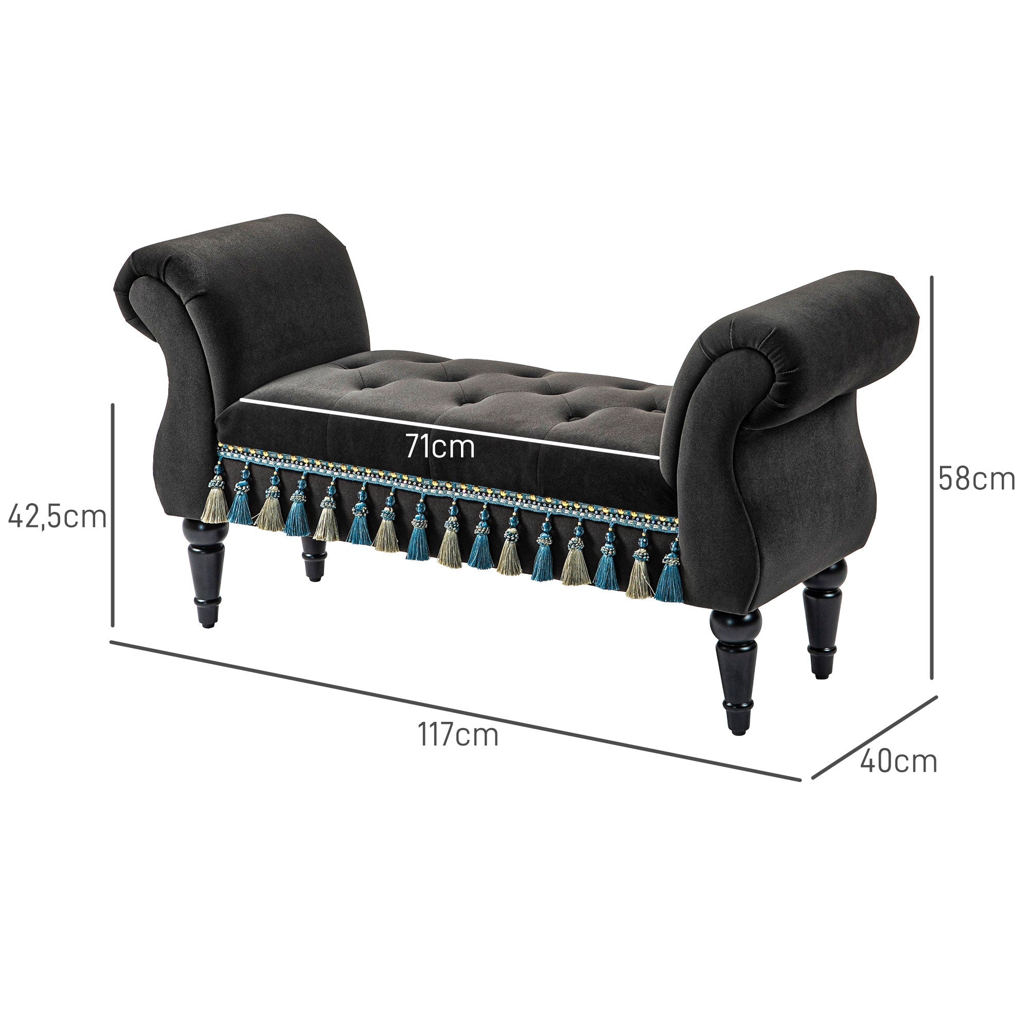 Upholstered Bench, Storage Armrest Wooden Legs, Dark Grey