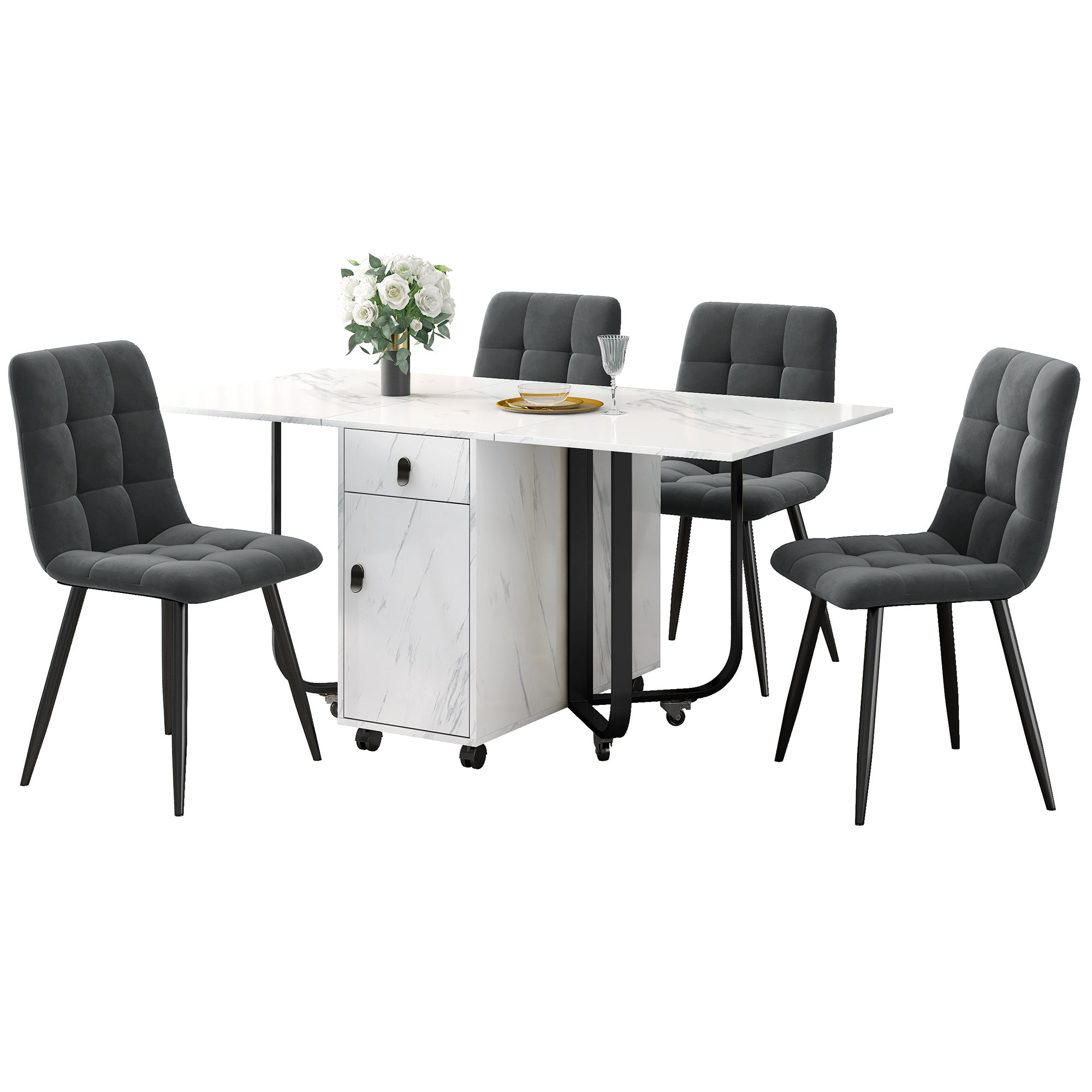 Dining Set Folding 5-Piece 150x80cm Table & 4 Upholstered Chairs Dark Grey Velvet/White MDF Black Legs