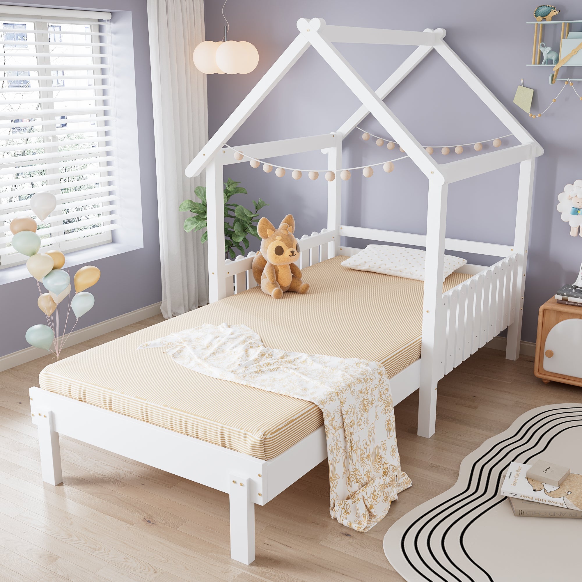 Wooden Bed with Pull-out and Safety Guardrails, 3ft Single, White MDF/Pine