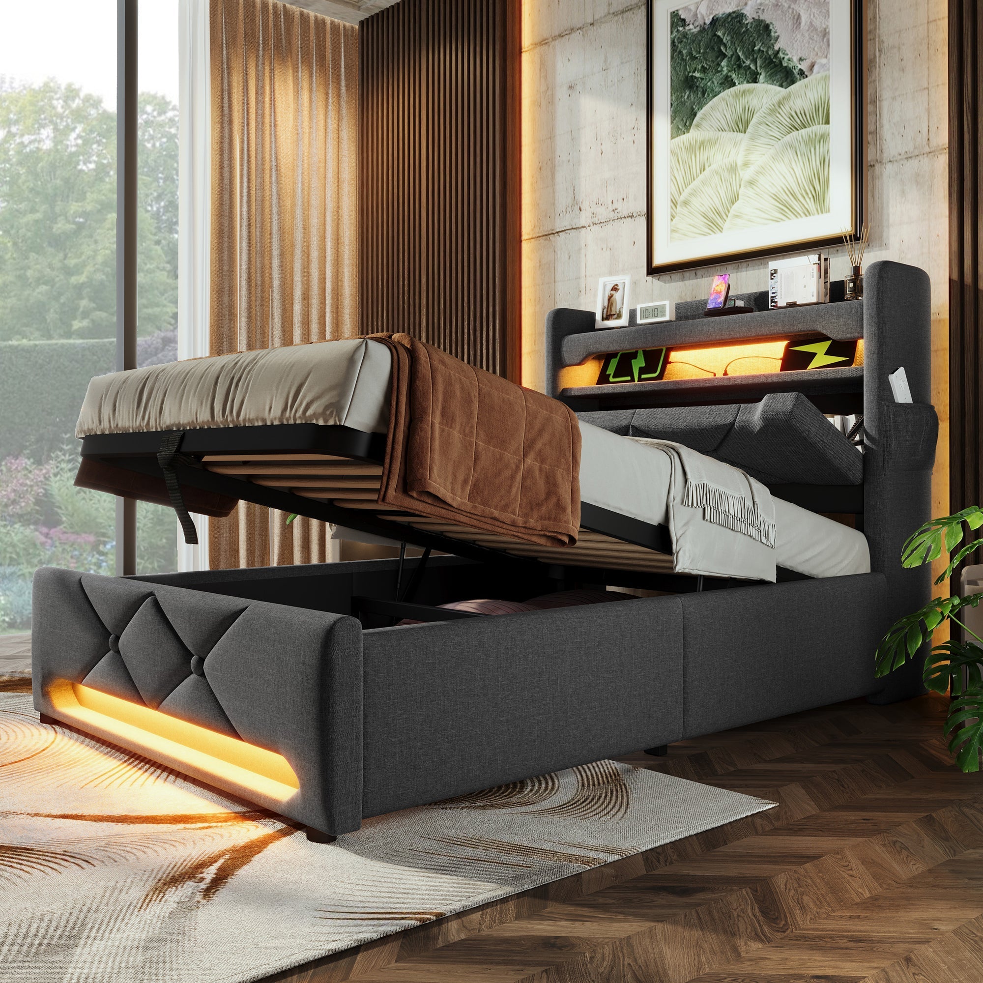Upholstered Single Bed, 90x200, USB & Type-C Port, 360 LED, Hydraulic Storage, Gray Linen