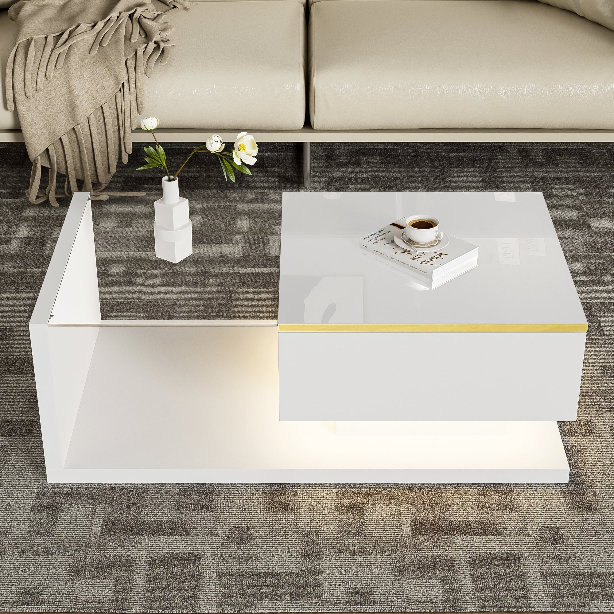 Coffee Table 90cm, High-Gloss White with Glass & LED Effect