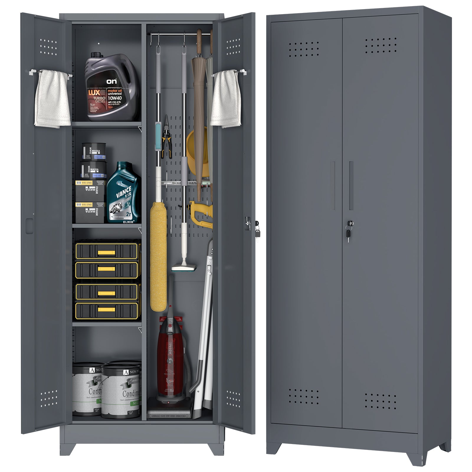 Broom Storage Cabinet with Locking Doors, Shelves and Hanging Rod, 65" H, Metal