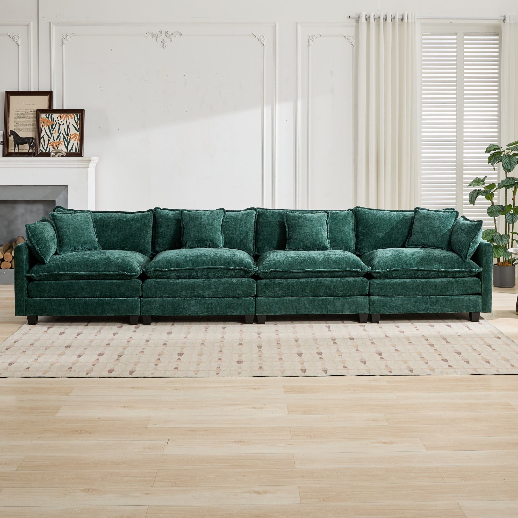 Cloud Sofa 4 Seats, Modern Modular Sectional Couch with Double Layer Upholstered Cushions, Green Chenille Fabric
