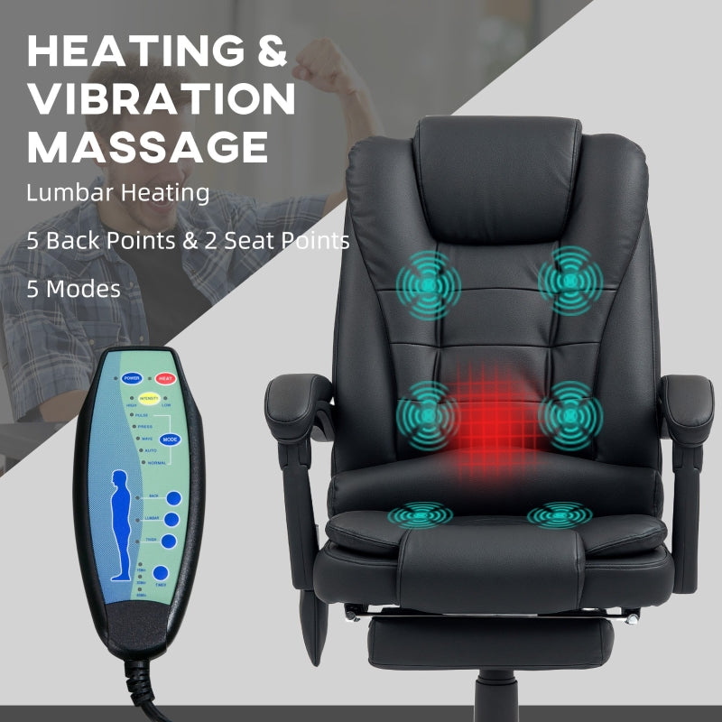 Office Chair, 6 Point Massage Heat Footrest Adjustable Reclining Swivel, PU Leather Black