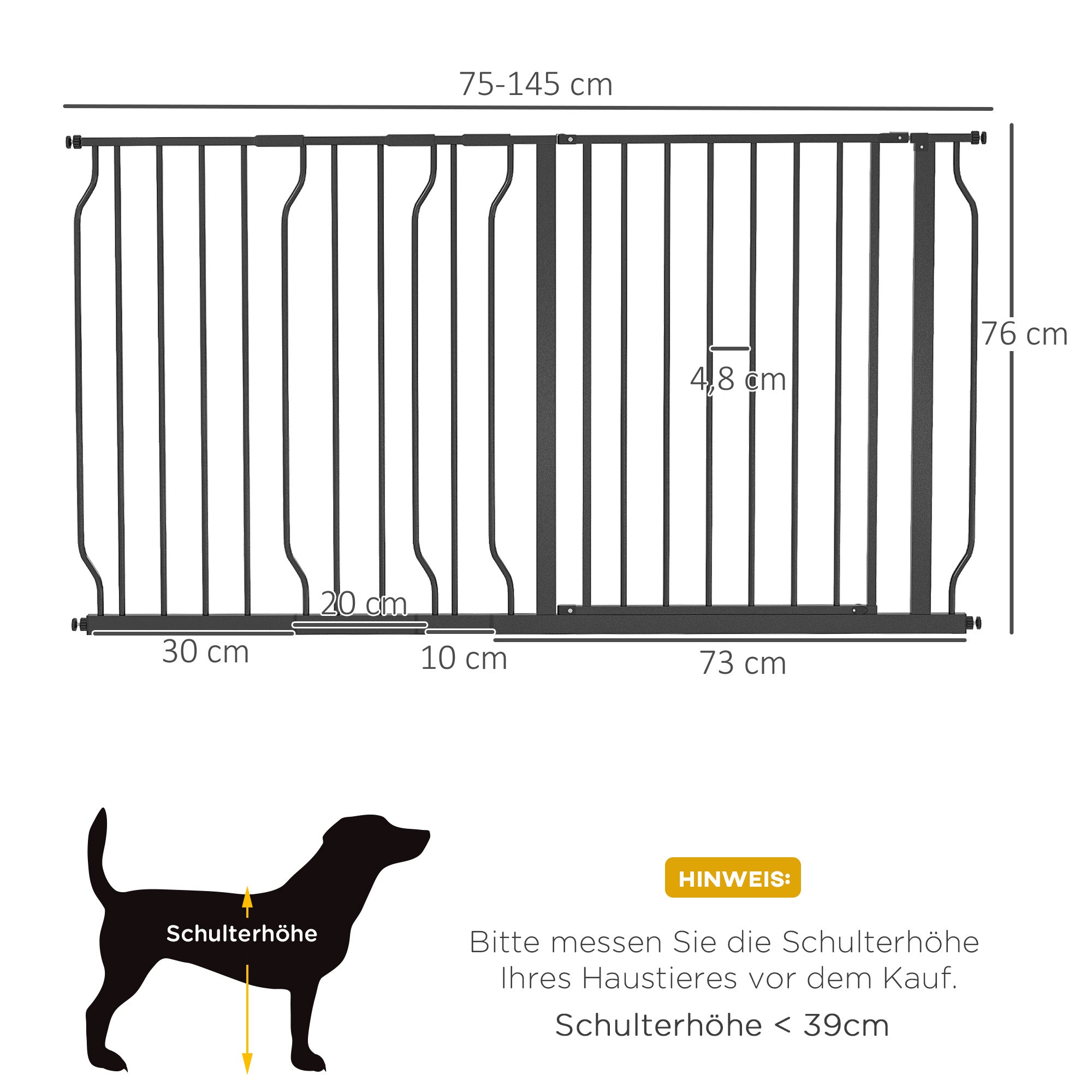Dog Gate, Adjustable 75-145 cm, 2-Way Opening, Double Lock, ABS Steel Black