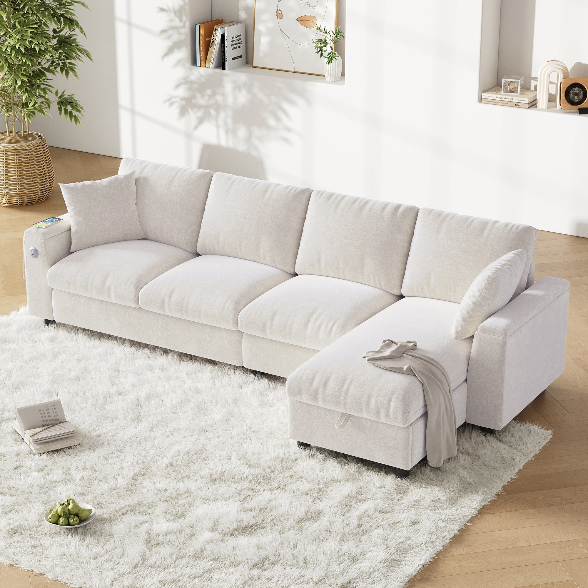 Chenille L-Shape Sofa Reversible Storage Armrests Fold-Out Table USB/Type-C - Beige