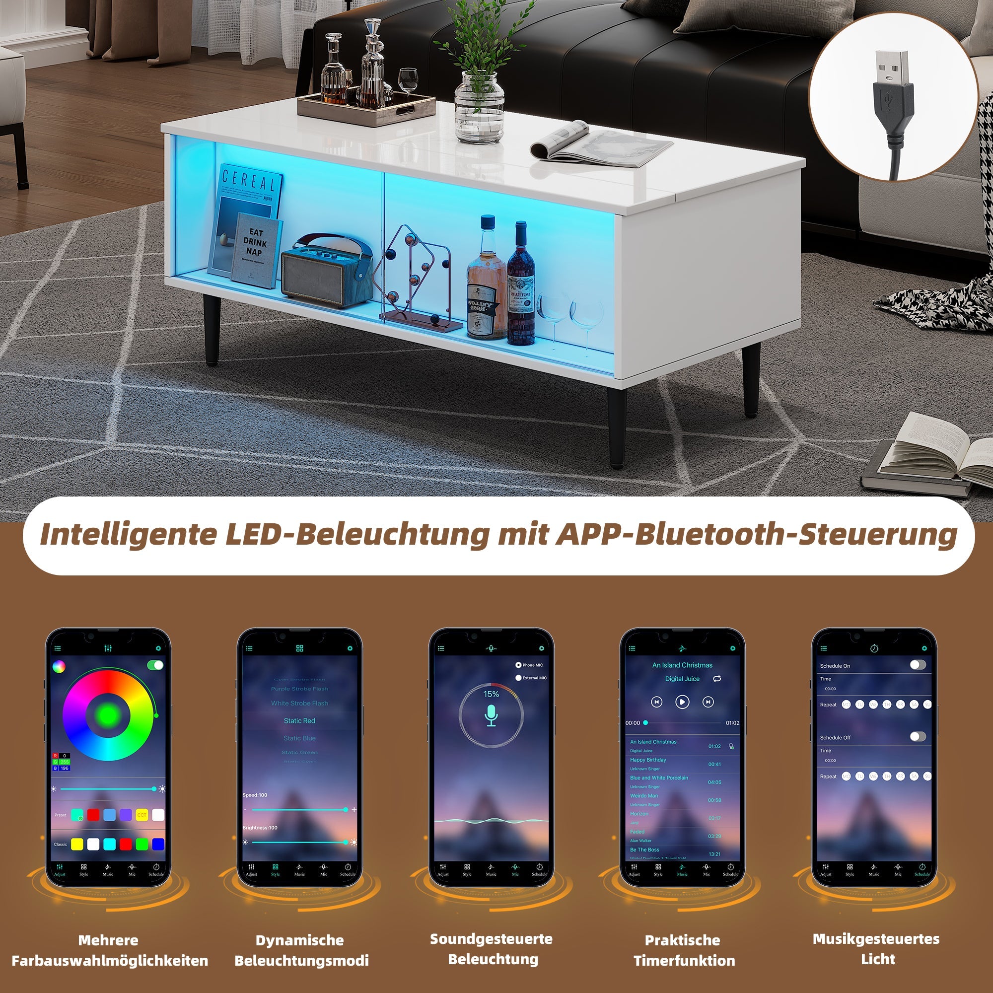 Coffee Table, Height-Adjustable with Hidden Storage & LED Light, White Tempered Glass