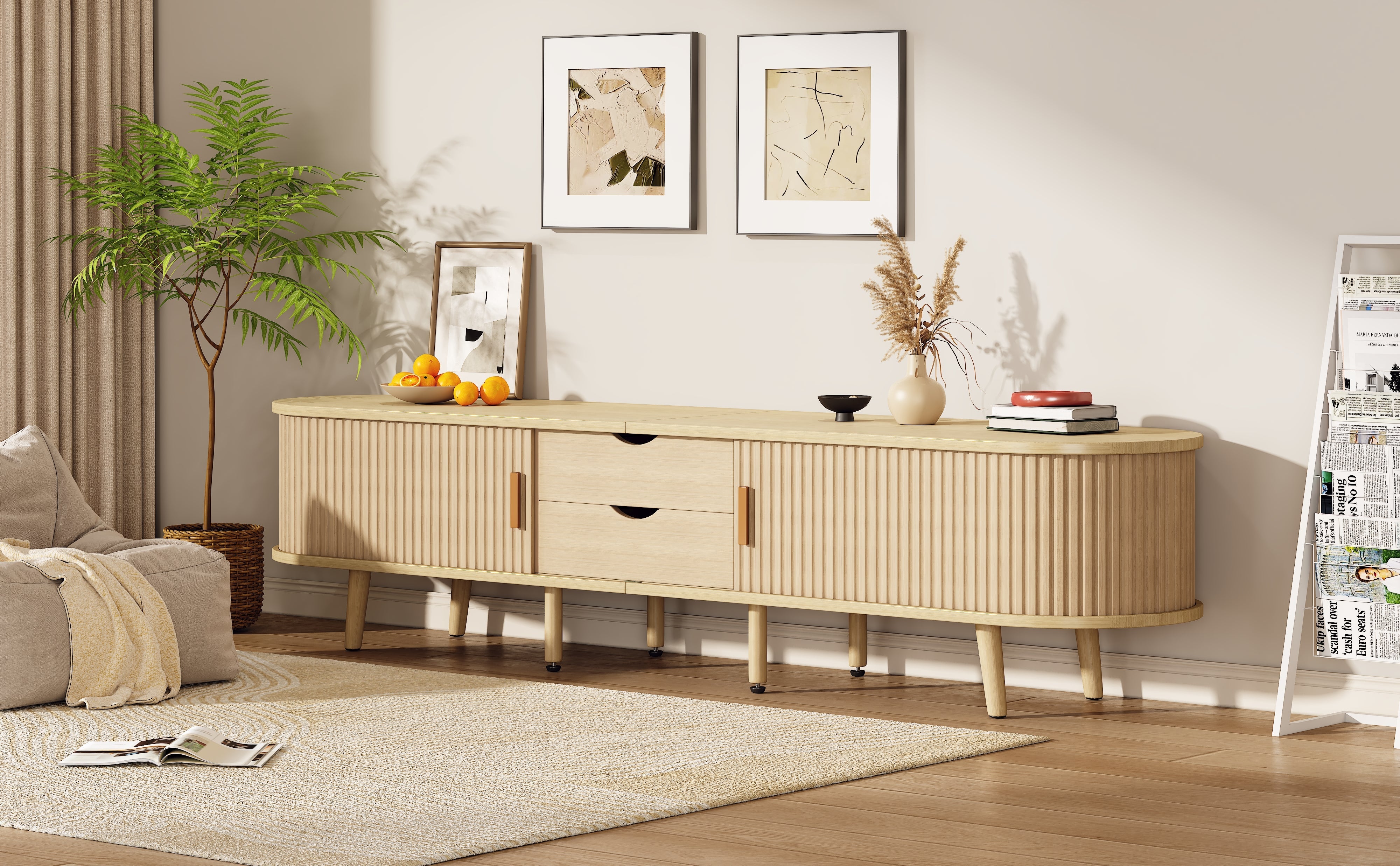 TV Cabinet & Coffee Table Set, Oval Combination Storage, Original Wood Color MDF