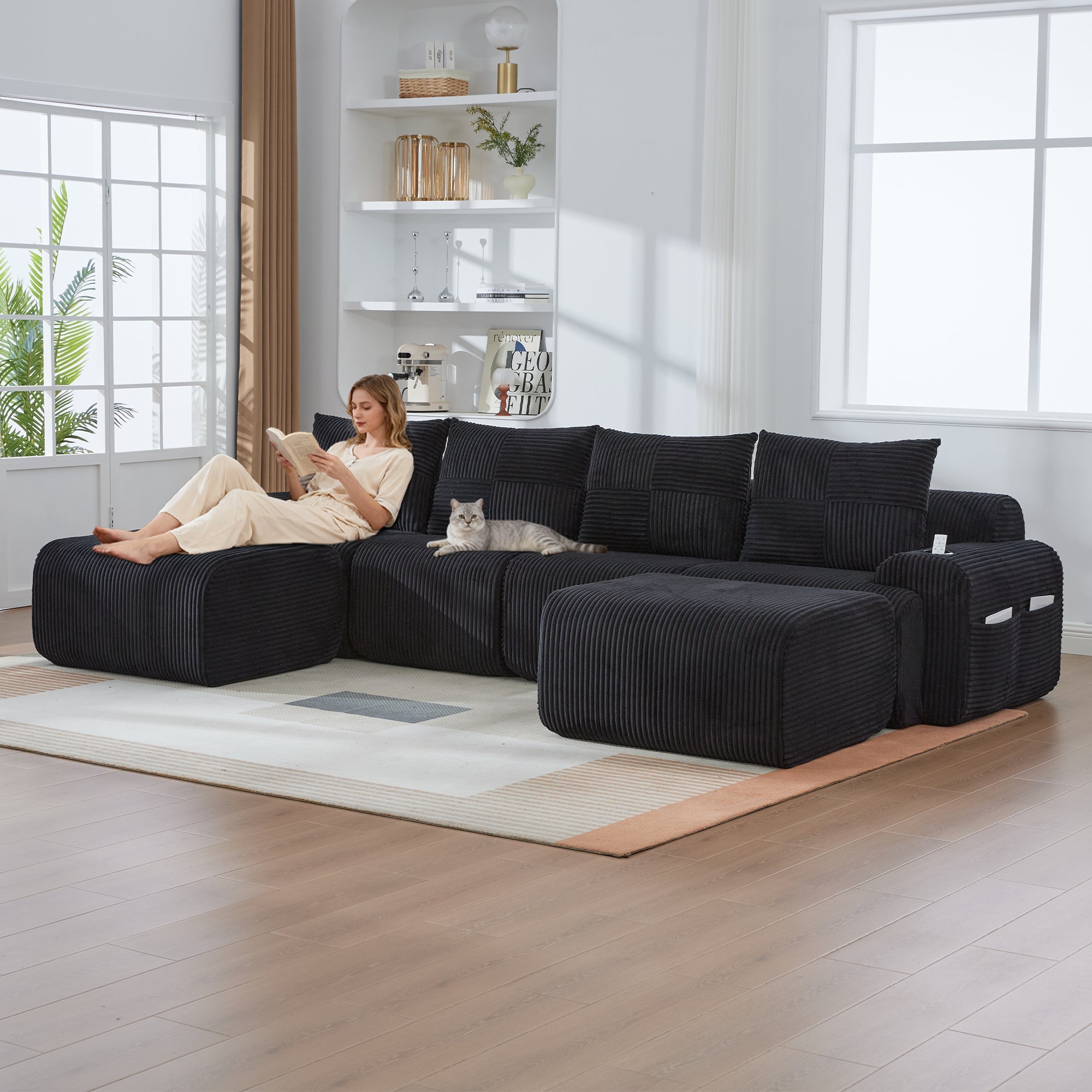 Modular 4-Seater Sofa with 2 Ottomans, Cup Holders and Storage, Black Corduroy