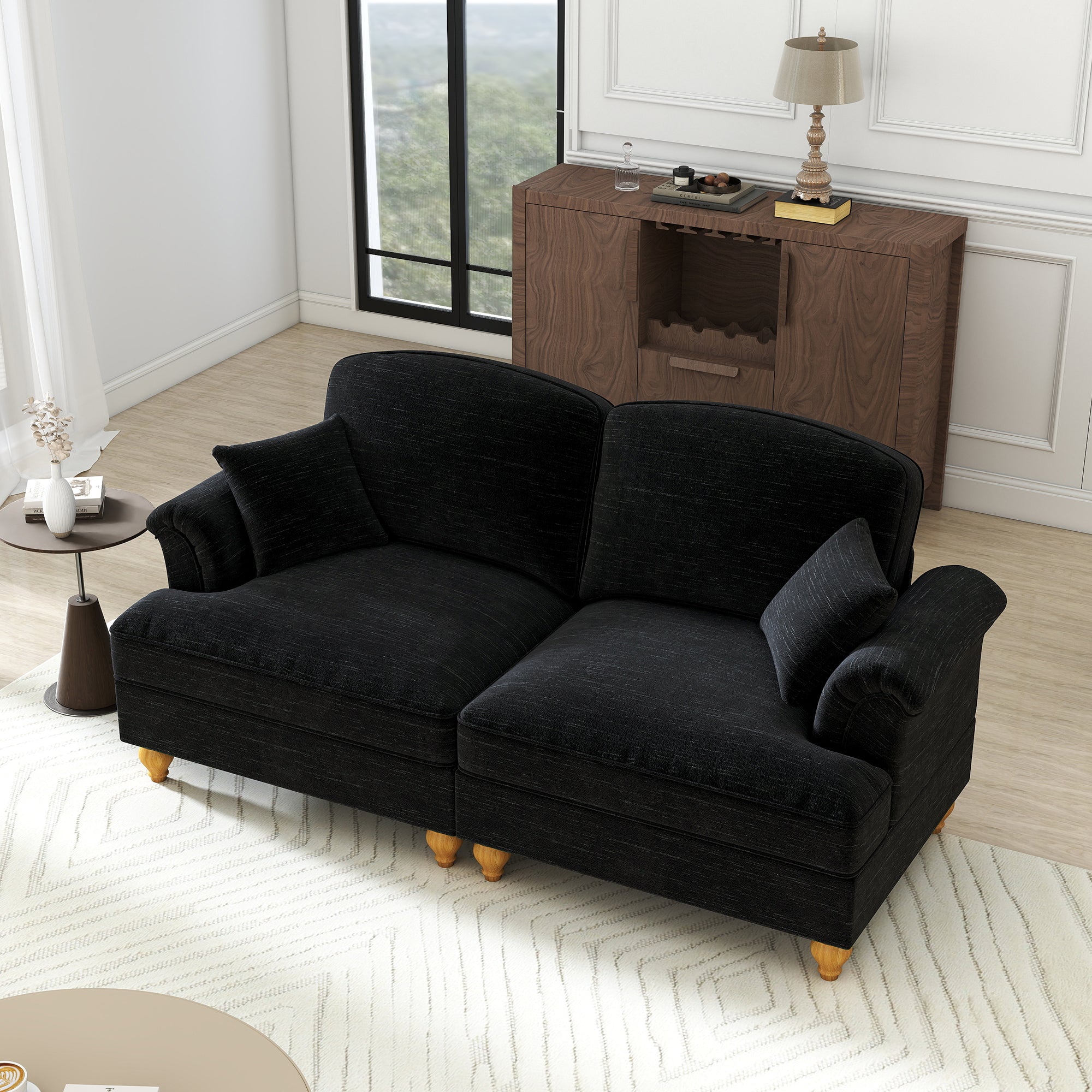 2-Seater Sofa Mid-Century Modern Flared Arms Chenille - Black