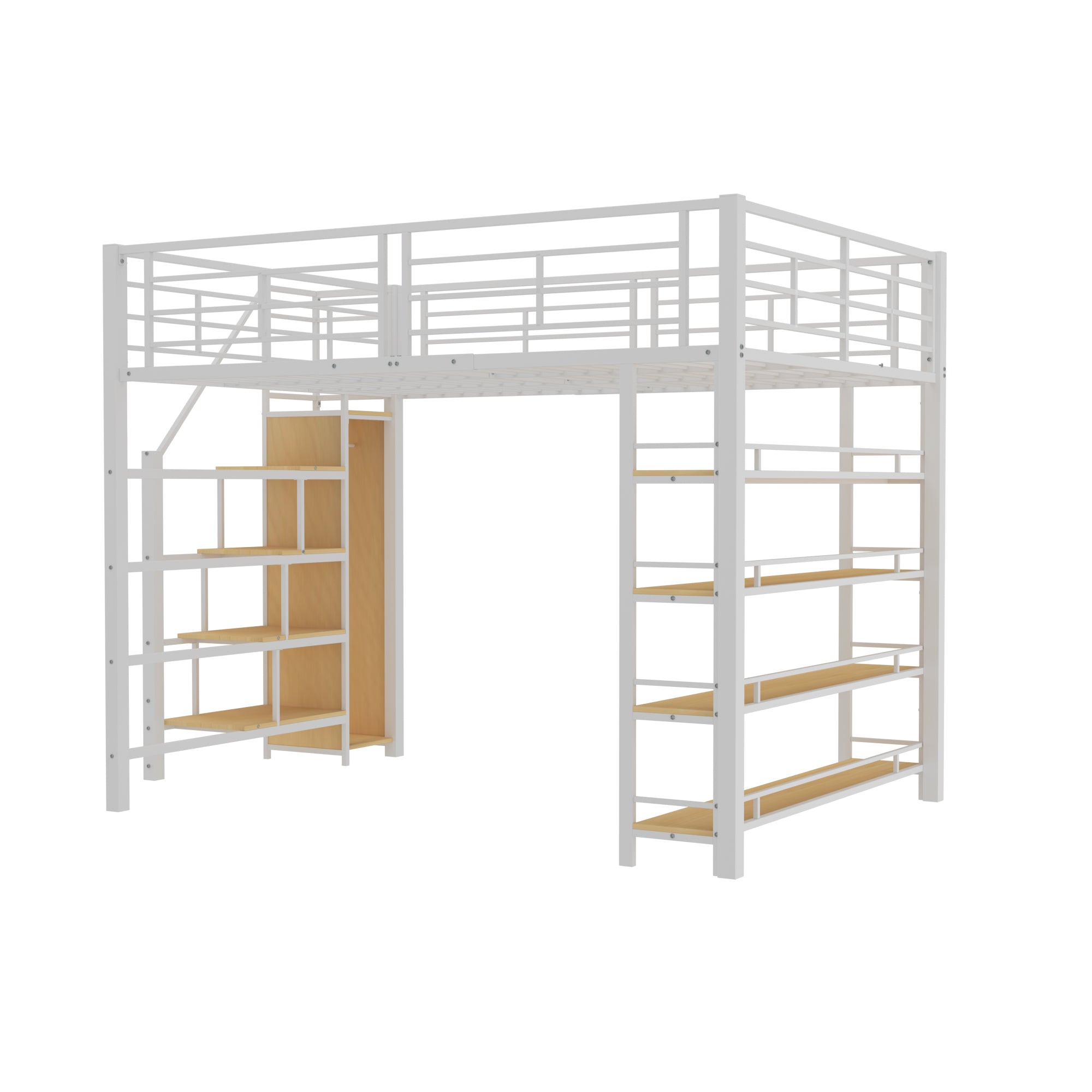 Loft Bed, 140*200 with Stairs, Storage, Wardrobe, Shelves, White