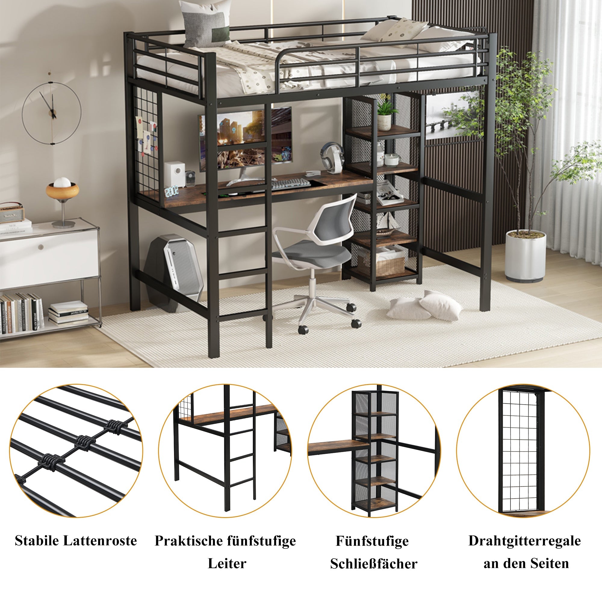 Loft Bed 90x200cm with Table and Shelving Unit, Iron/MDF Black/Dark Wood