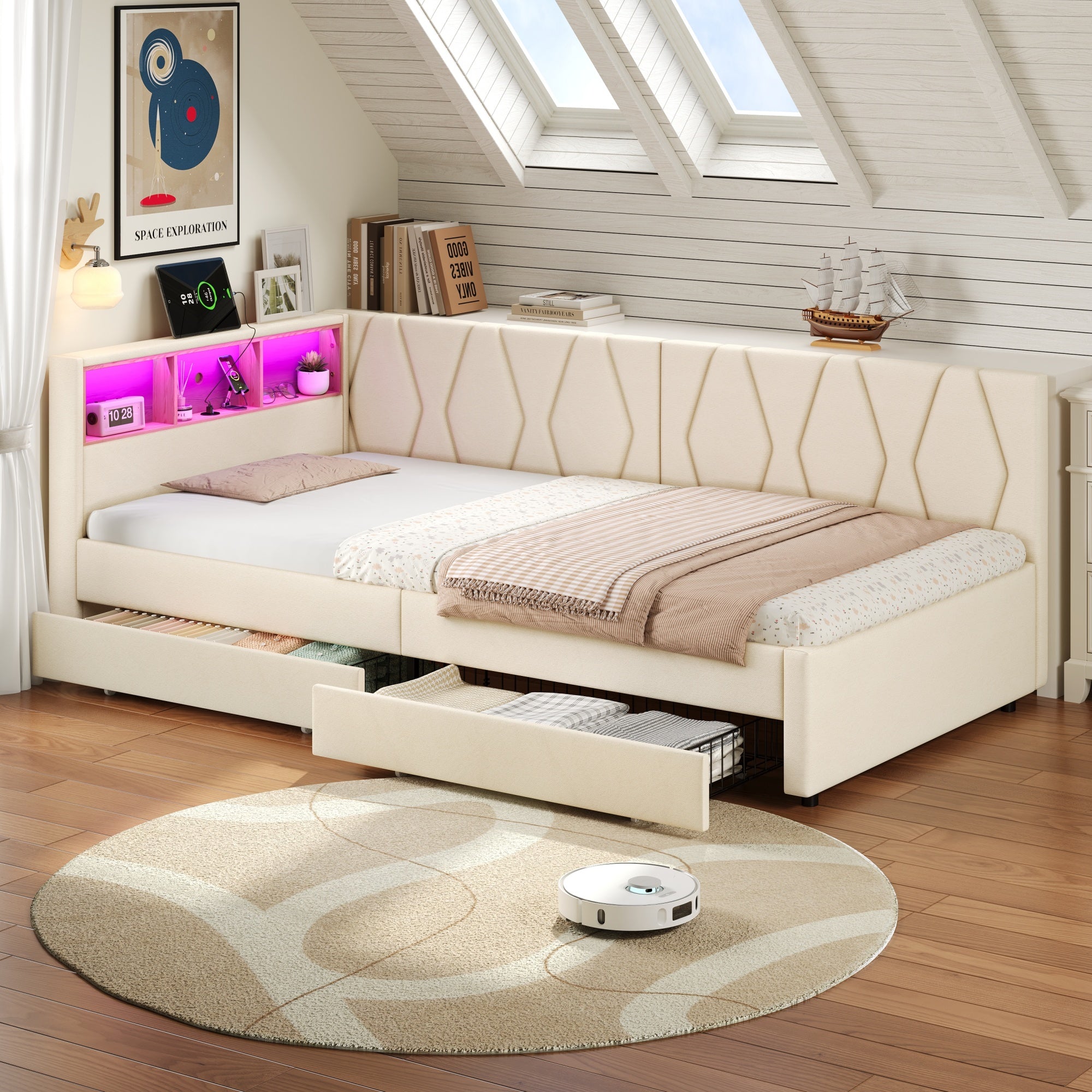 3ft Single Daybed with Two Storage Drawers, LED Modern Bed Frame with Charging Station, Linen, Beige