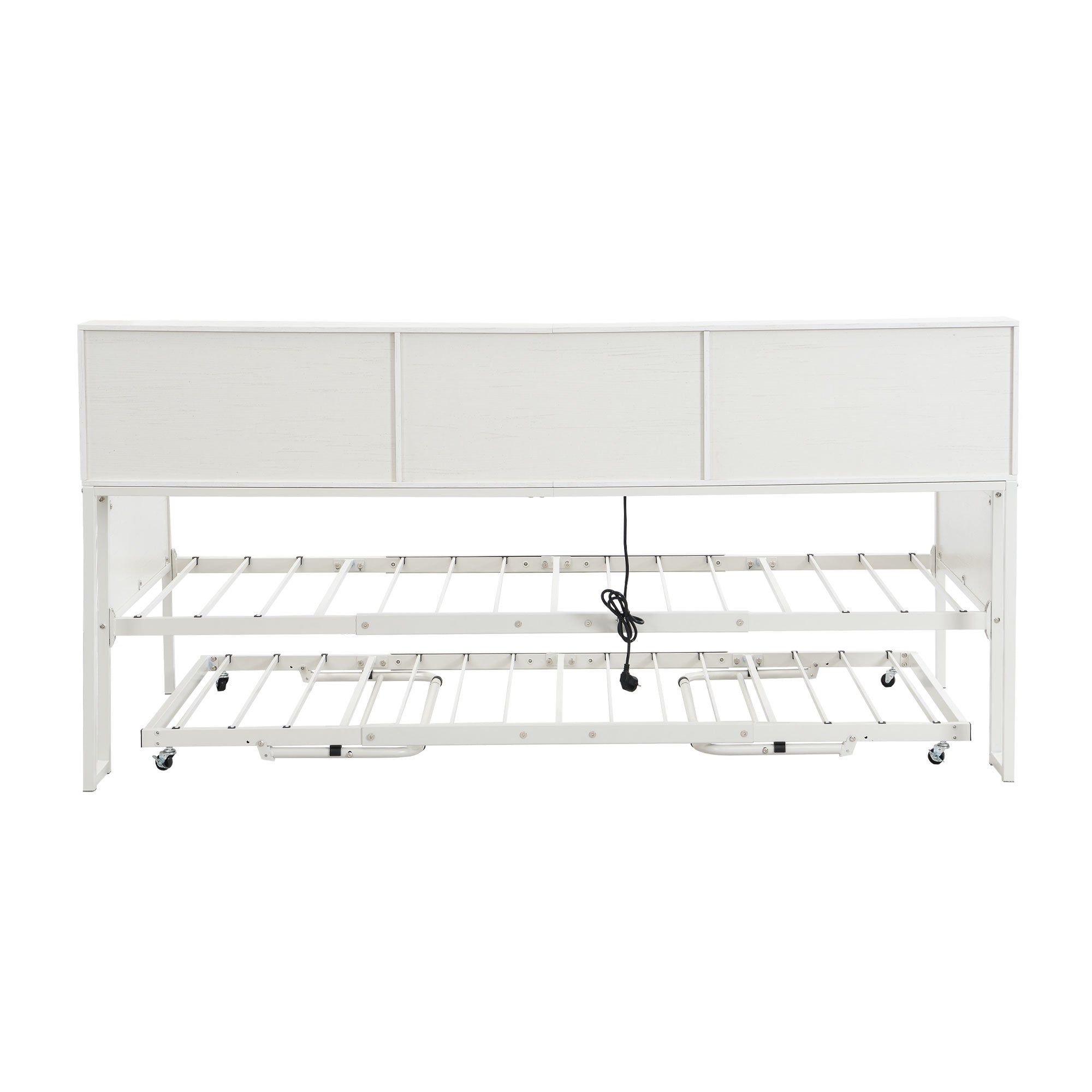 Multifunctional Iron Daybed with Storage Shelves and Pull-out Bed, White/Black Metal