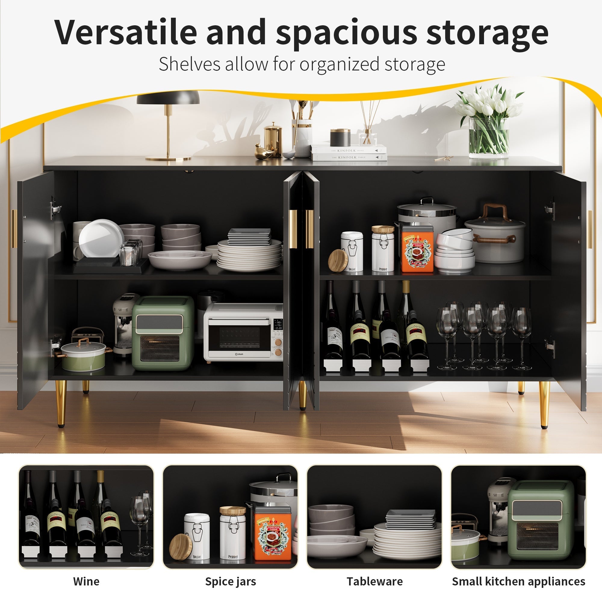 Black Sideboard, 152x40x75cm with Wave Design and Golden Handles, Black