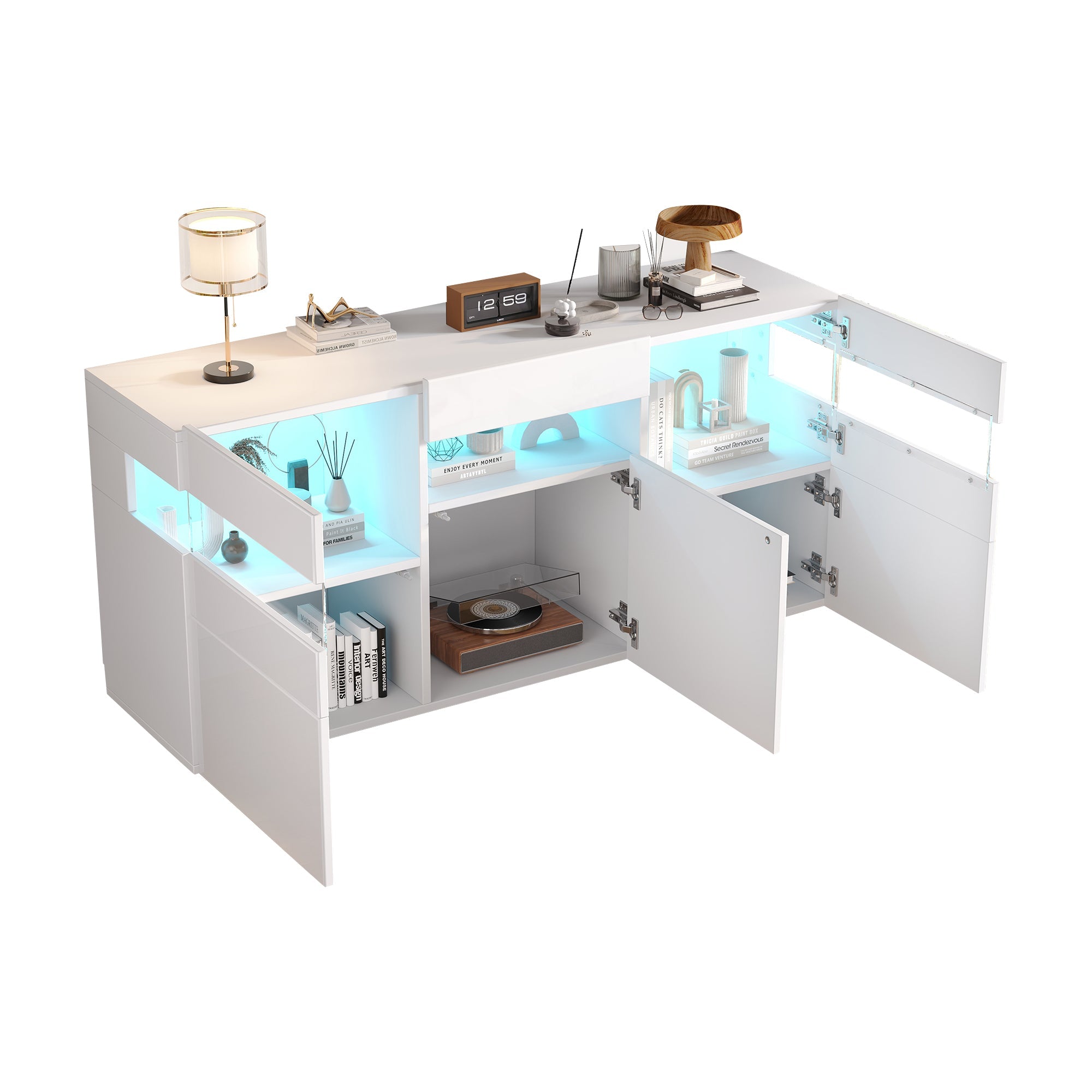 Living Room Sideboard 3-Door Cabinet LED Light Acrylic High-Gloss White