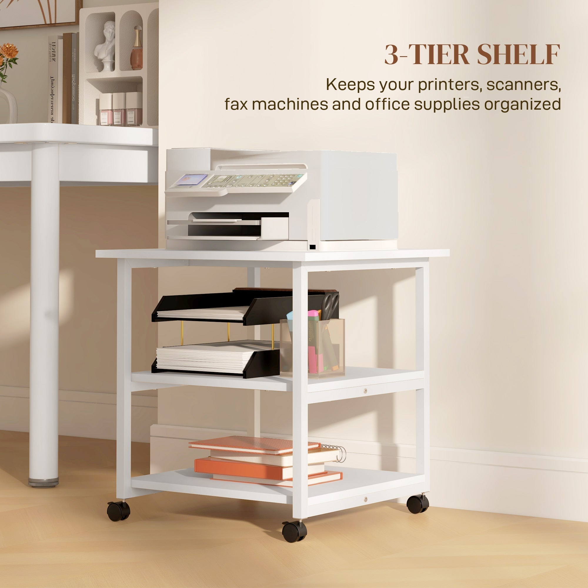 Three-Tier Printer Stand with Wheels, Steel - White
