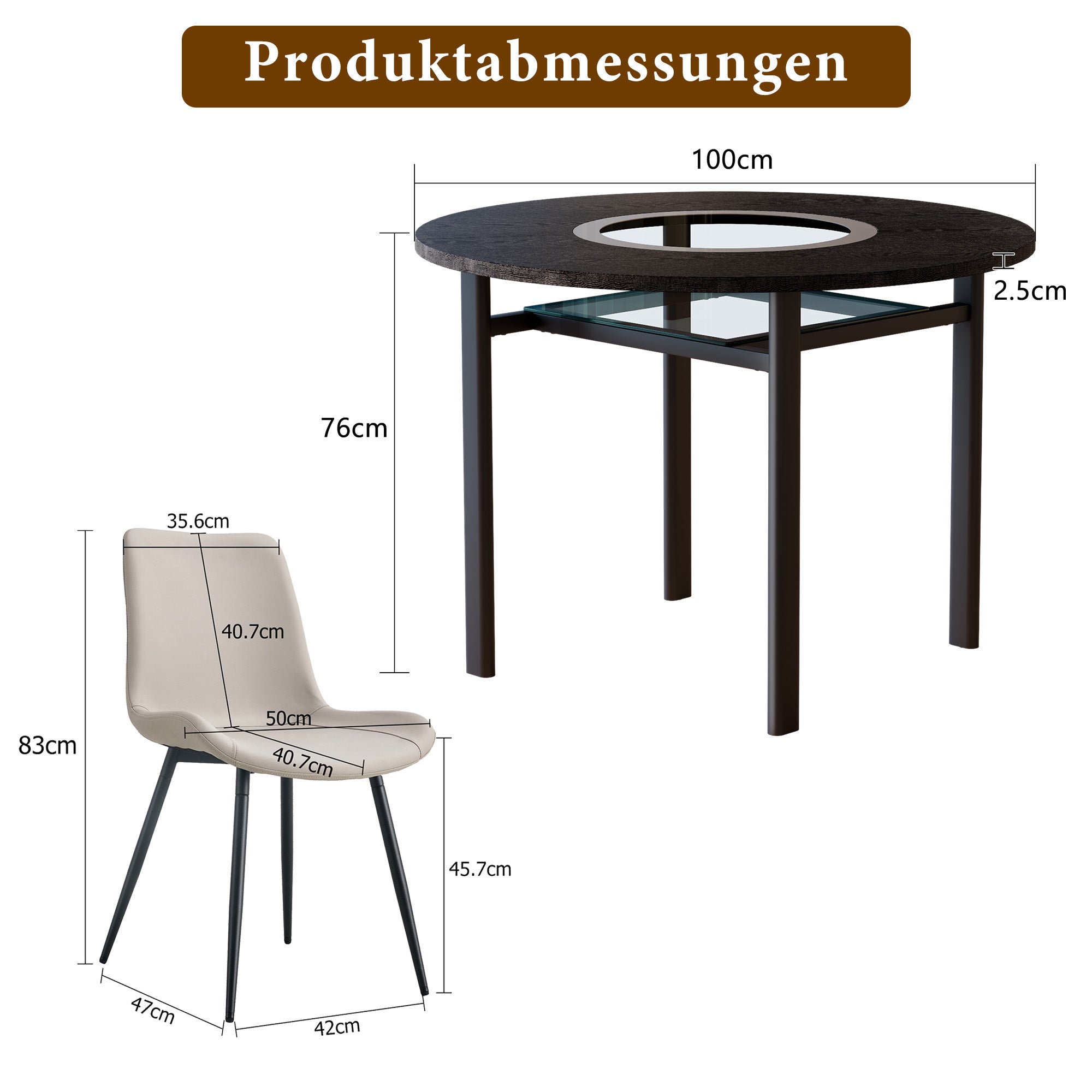 Minimalist Round Table Set 100cm 4 Armchairs - Black Wood Look/Warm Grey PU