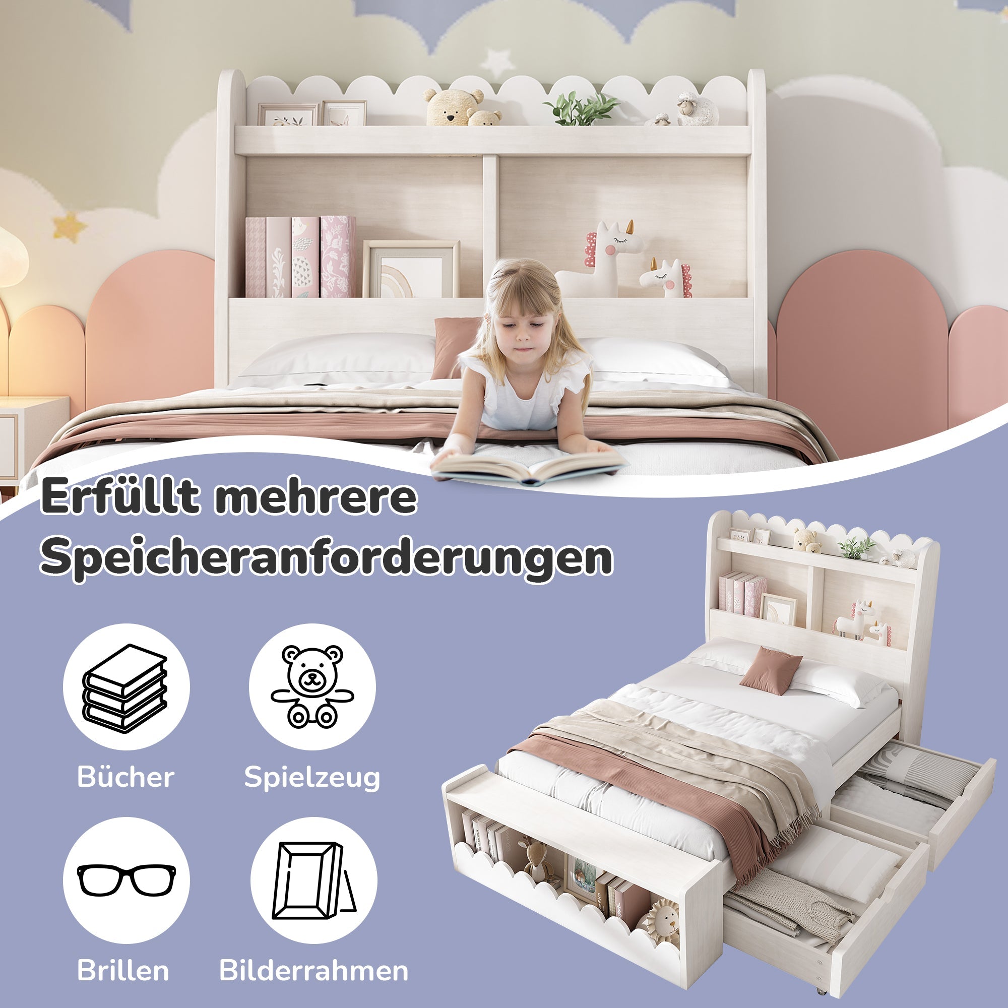 Children's Bed Storage with Drawers Shelf Bench 90x190cm Wood White Oak Finish