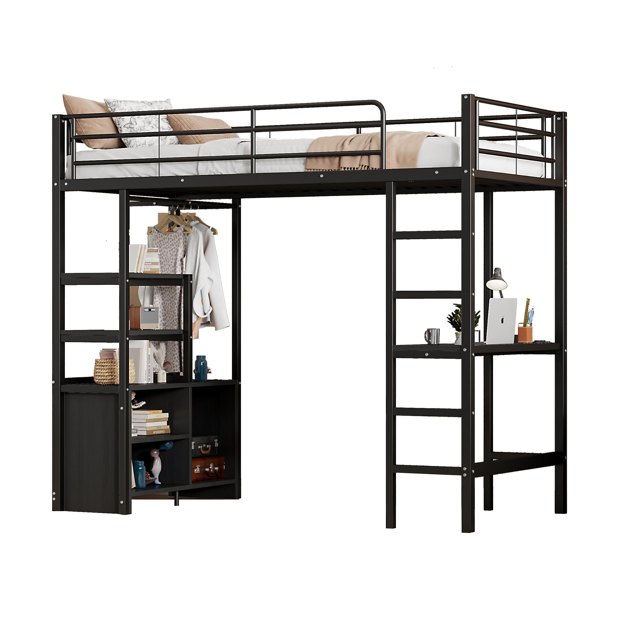Loft Bed 90x200cm with Desk USB Charging Shelves Storage Ladder Black Iron