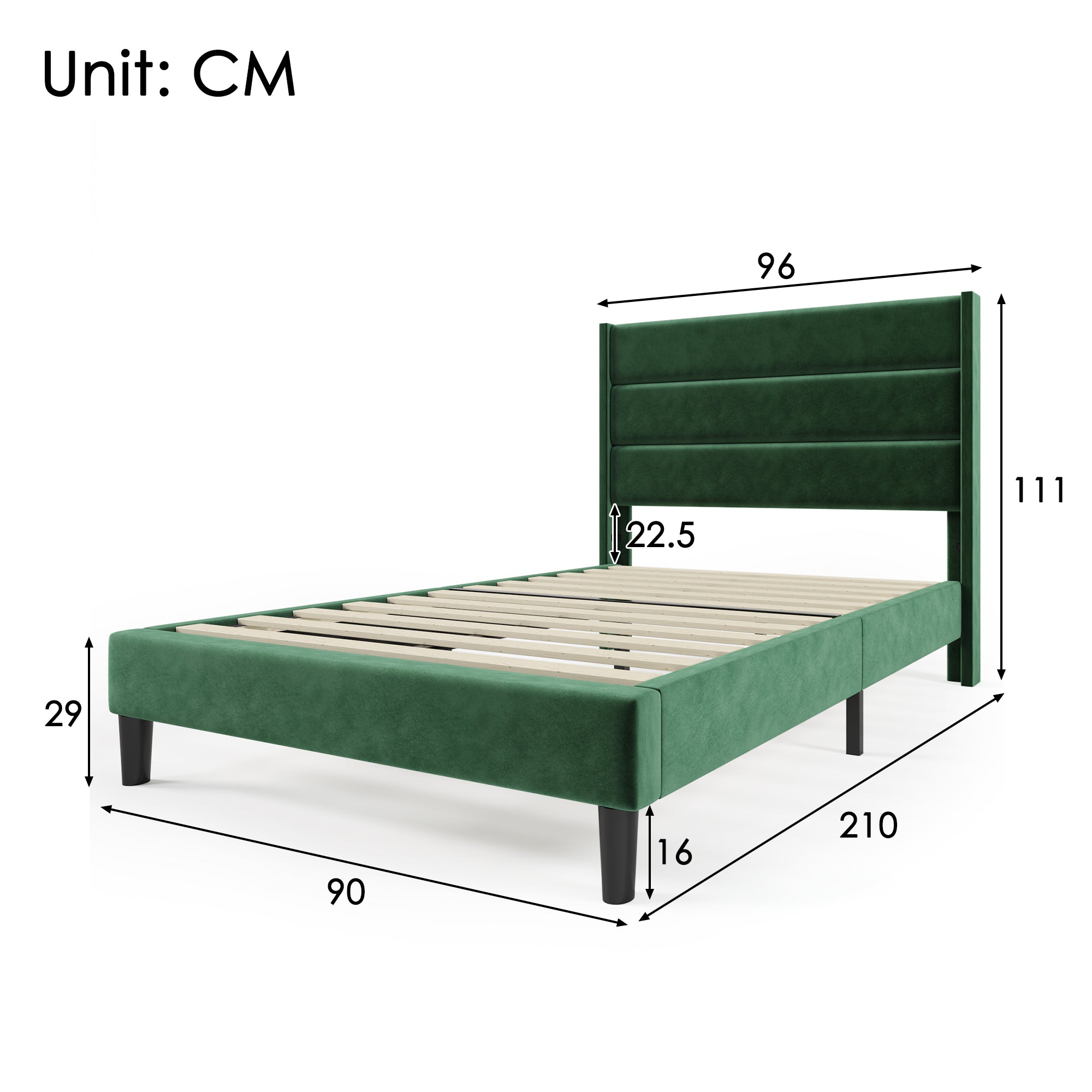 Upholstered Bed, 90 x 200 cm, Slatted Frame & Headboard, Velvet Dark Green