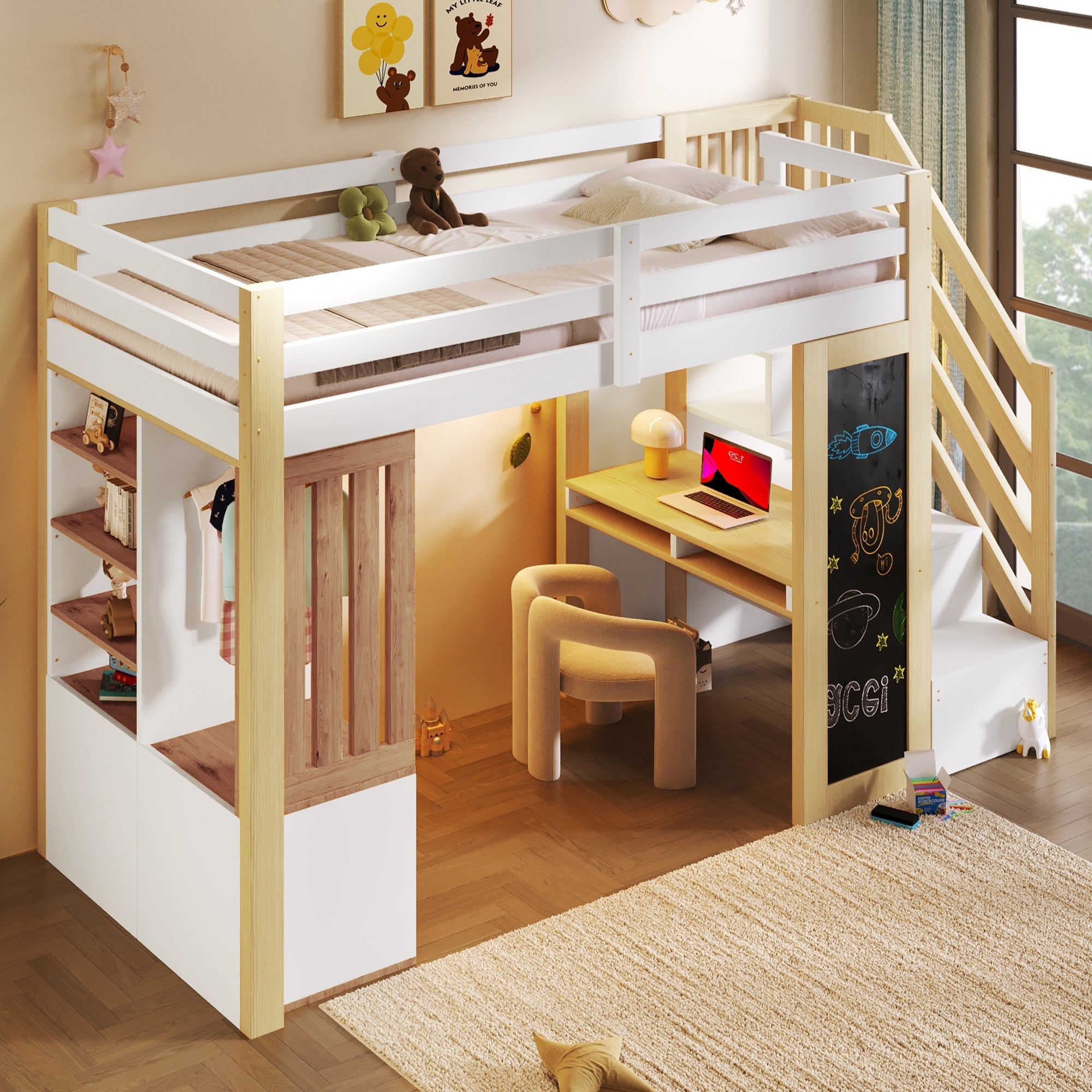 Loft Bed 90x200 with Desk, Wardrobe and LED Lighting, White and Natural