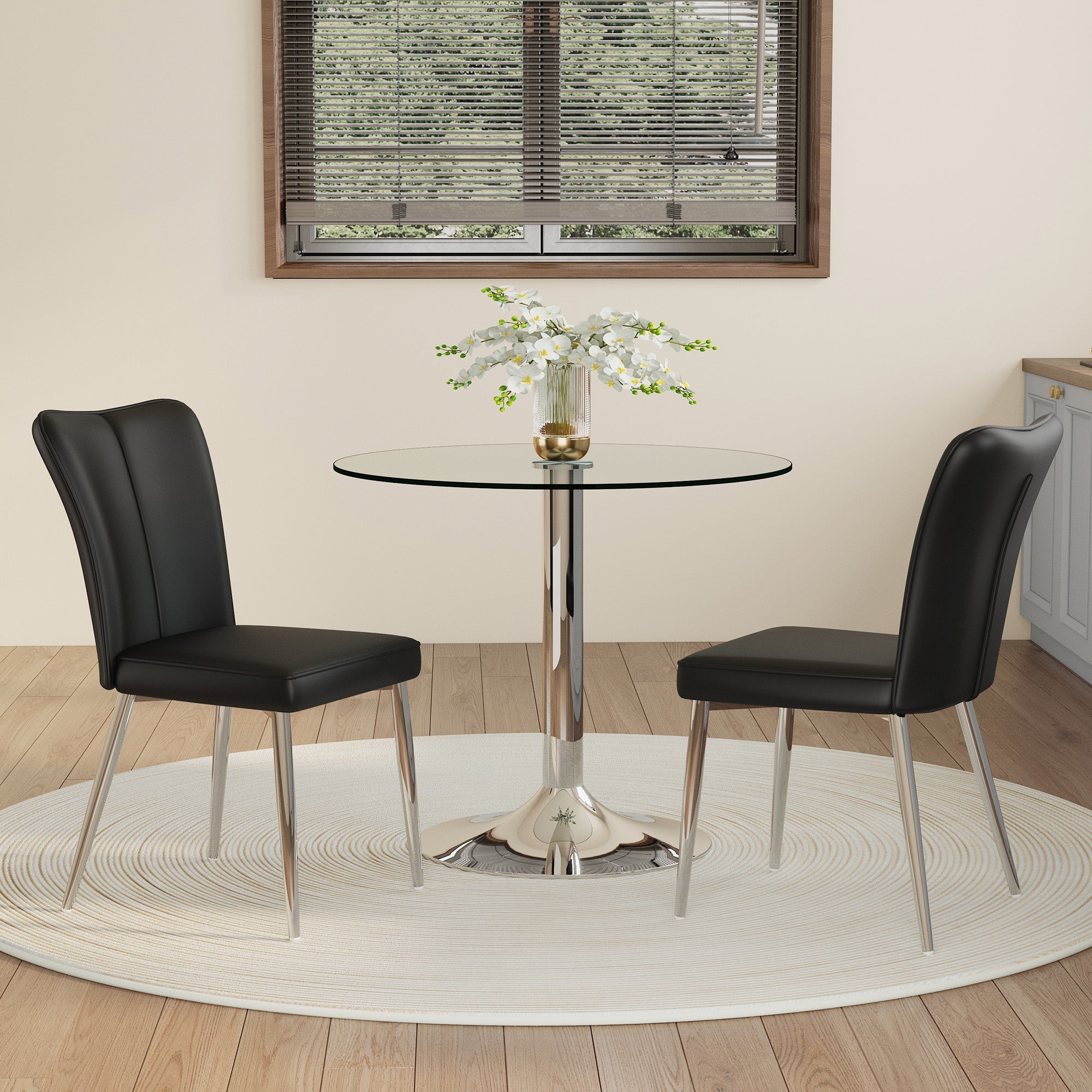 Dining Set Modern Minimalist 85cm Tempered Glass Table 2 PU Chairs - Black