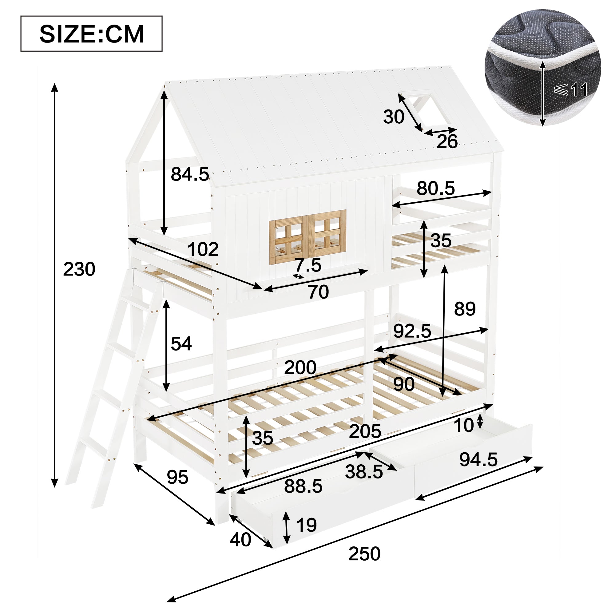 Bunk Bed 90x200cm House Design 2 Drawers Ladder - White/Natural