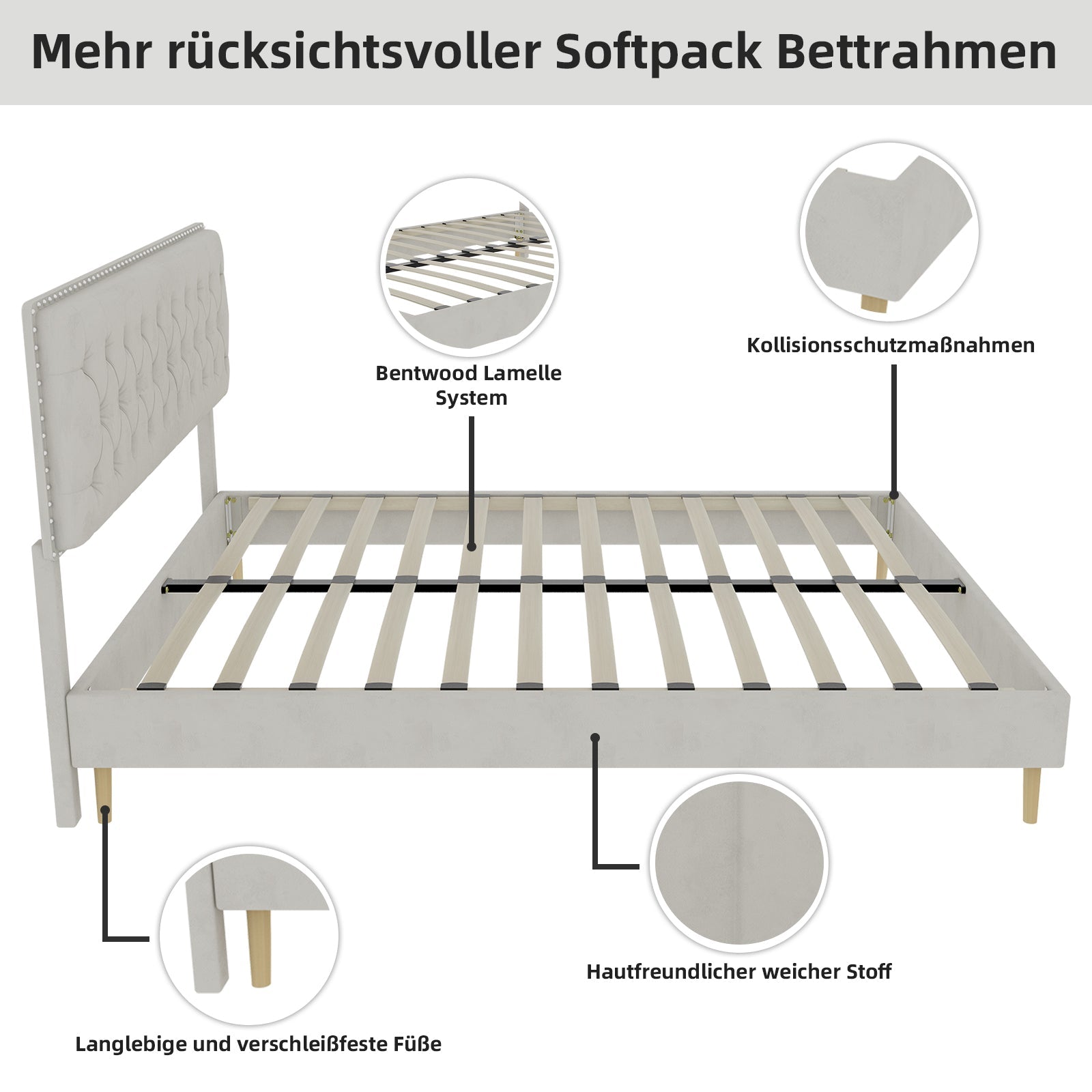 Modern Minimalist Soft Bed, Comfortable Headboard, Low Box Frame, 140x200CM, Beige