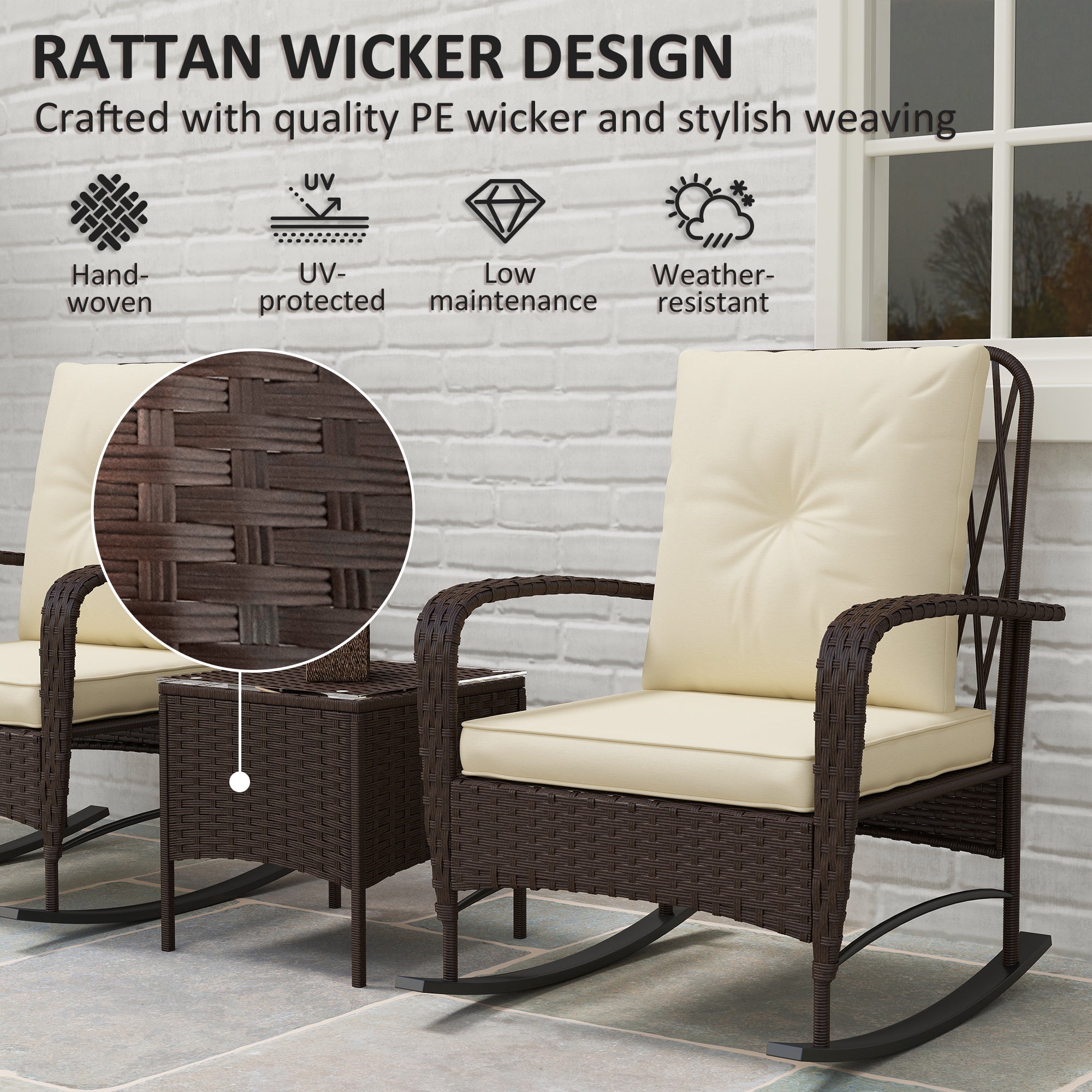Three-Piece Rocking Chair Bistro Set Rattan Brown