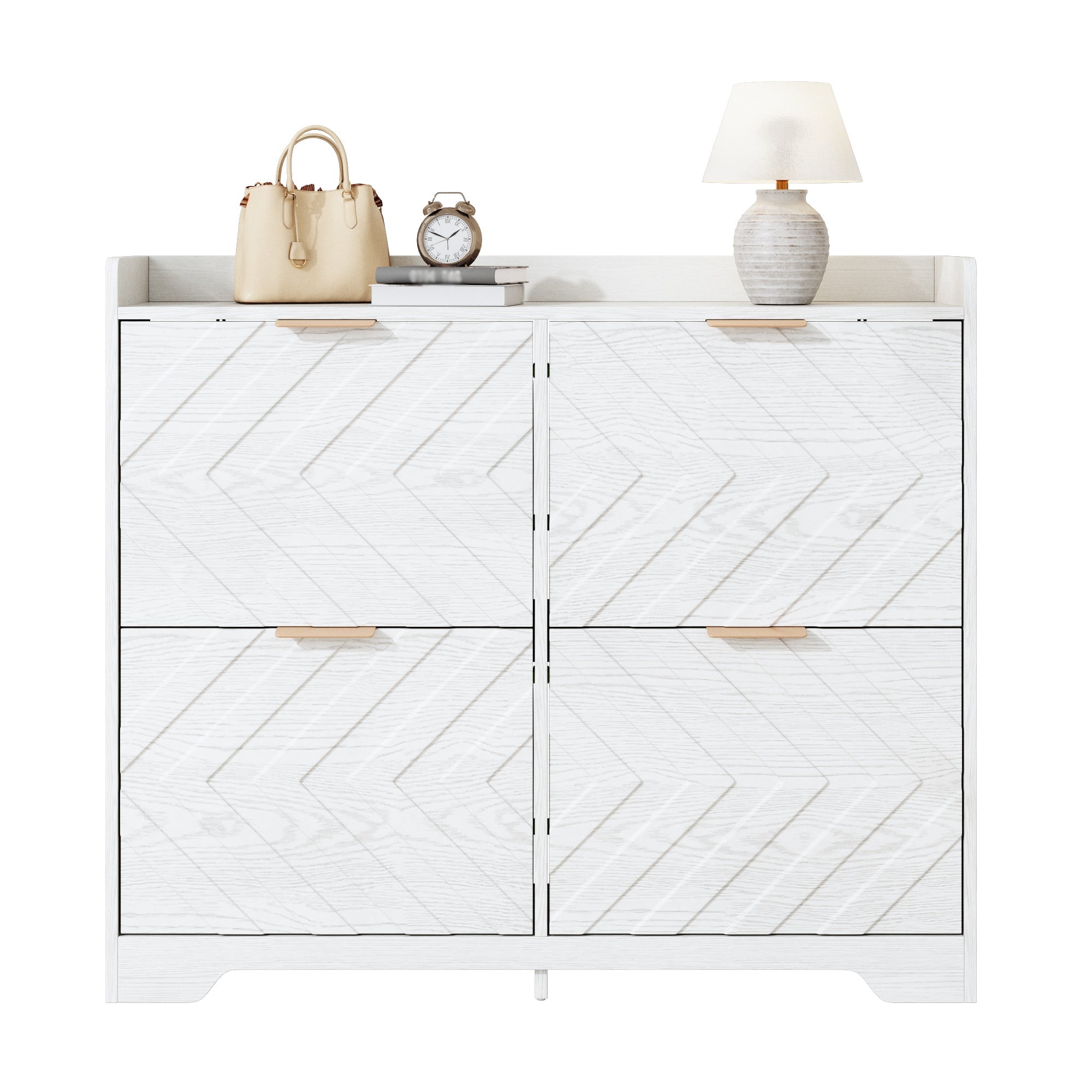 Shoe Cabinet with 4 Flip Drawers, 3D Textured Front and Top Shelf, White Particle Board