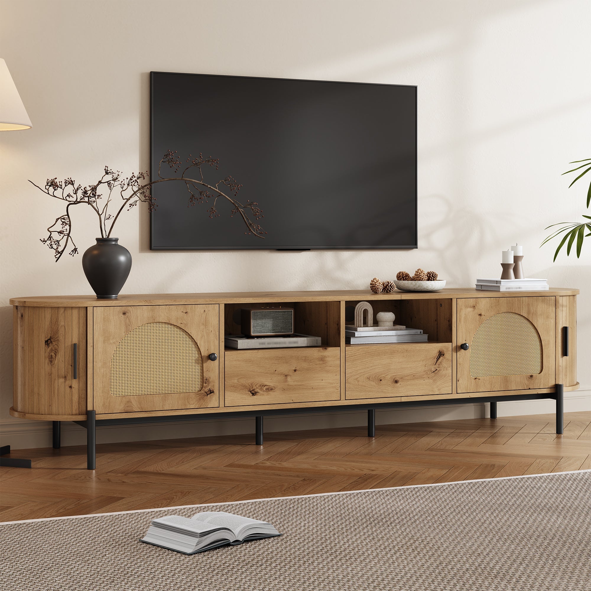 Oval TV Cabinet with Sliding Doors and Drawers, Wood Look and Rattan