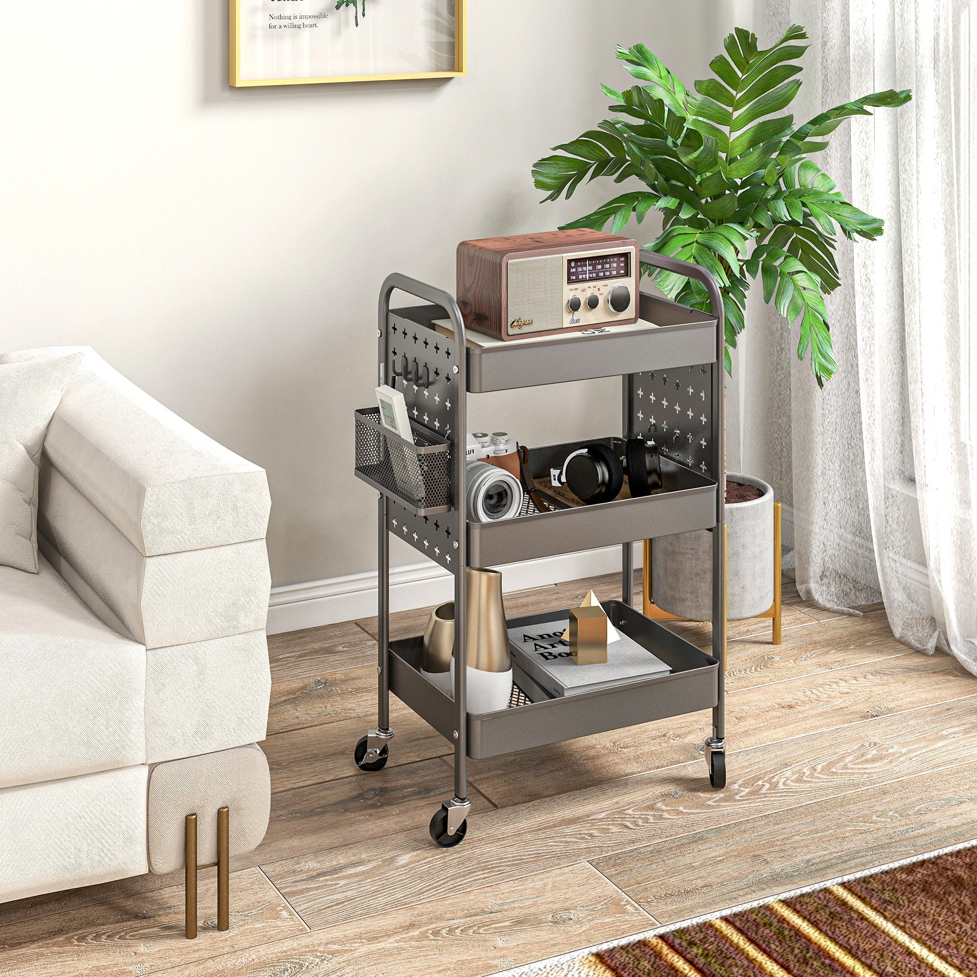 Rolling Serving Cart, 3 Tiers, 2 Baskets, Steel, Dark Grey