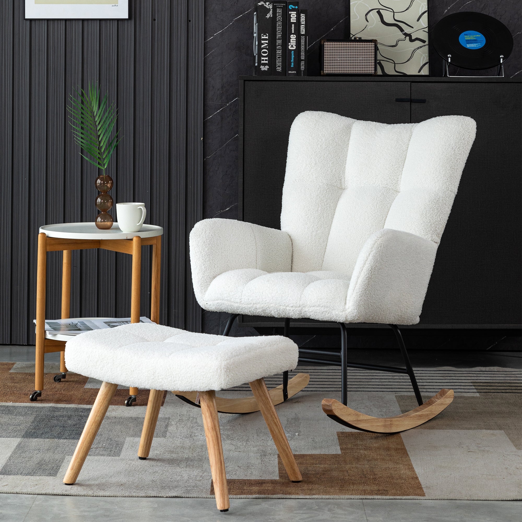 Ergonomic Rocking Chair with Footstool, Rubber Wood Frame, White