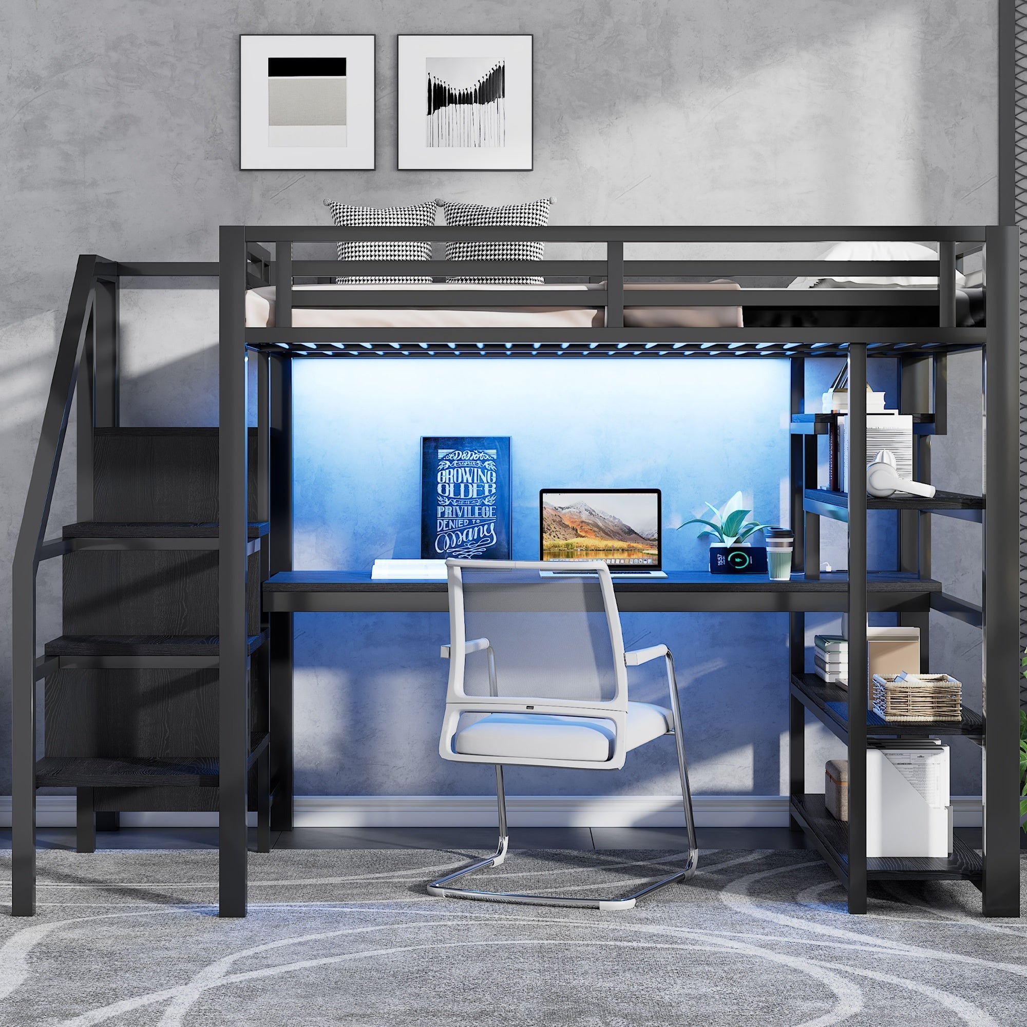 Metal Loft Bed 140x200cm with Stairs, Integrated Desk, Wardrobe, USB Charging and LED Lighting, Black