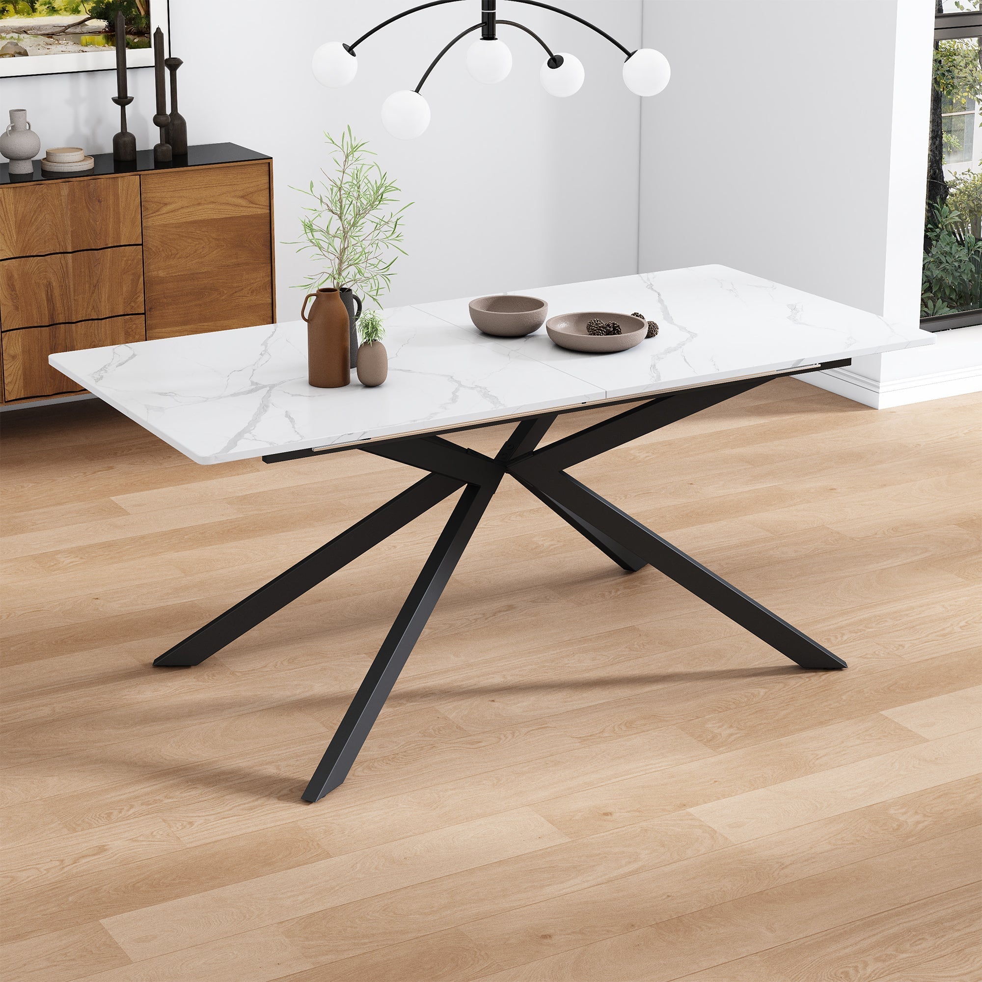 Extendable Dining Table with Automatic Extension and Cross Leg Design, Black and White Marble Look
