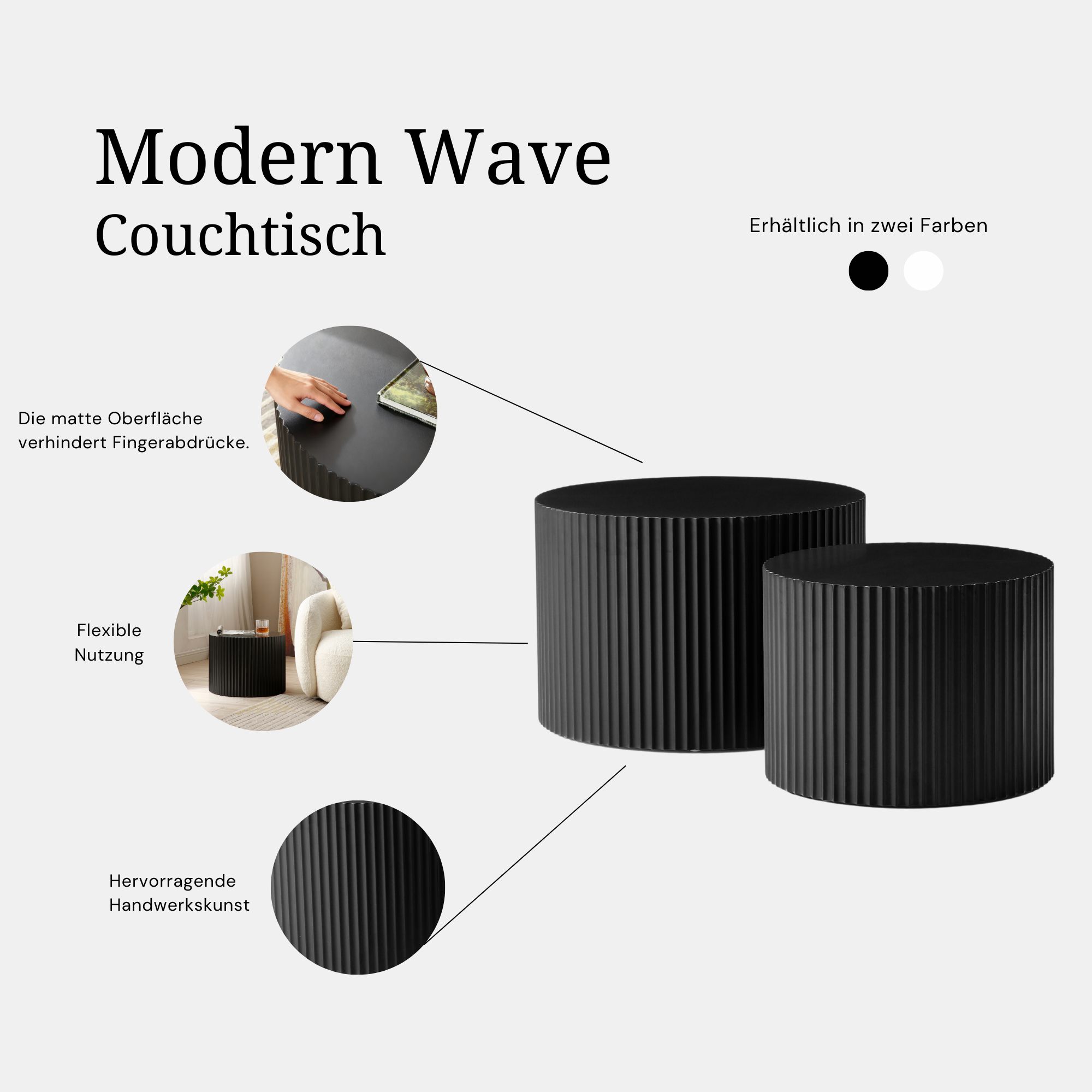 Side Table Set 2-Piece Nesting Wavy Edge 60x40/48x35 - Black Matte
